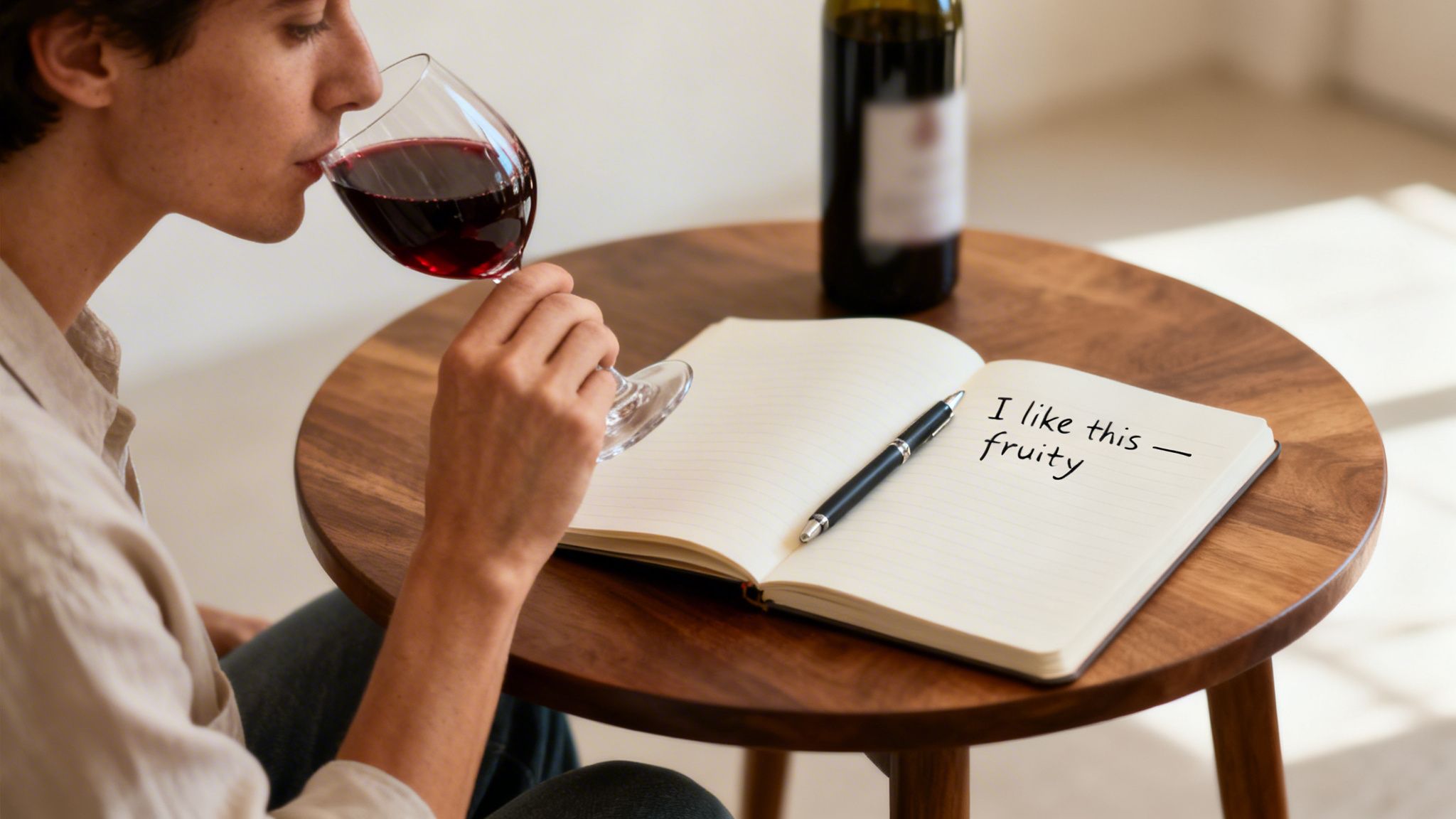 A person tastes red wine from a glass while writing notes about its fruity flavor in a notebook.