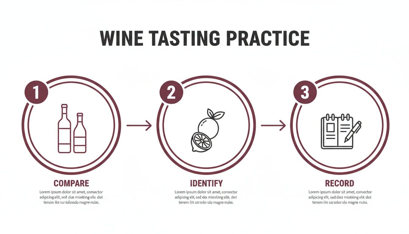 Infographic illustrating a three-step wine tasting practice: compare bottles, identify aromas, and record notes.