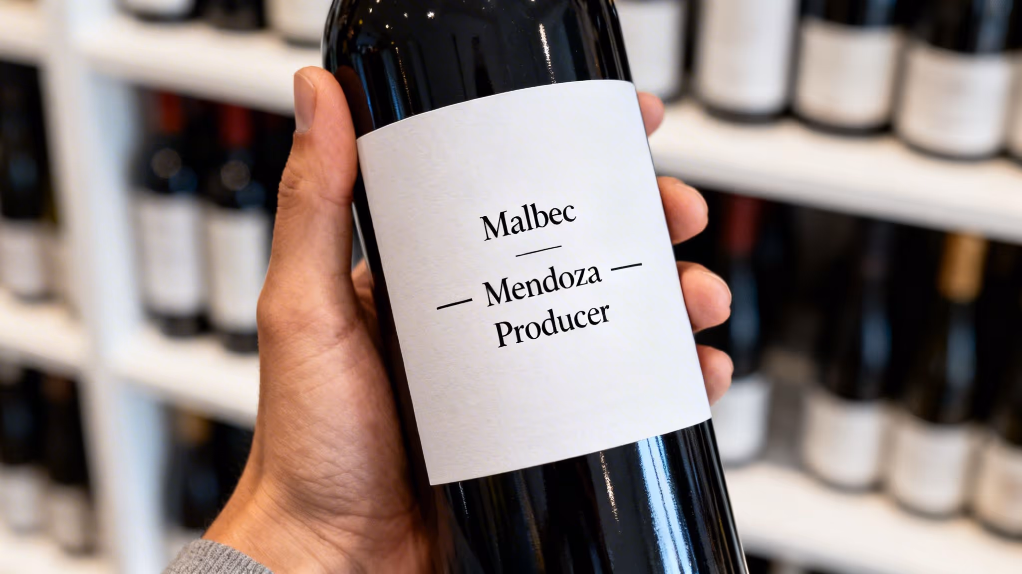 A hand holds a bottle of Malbec wine from Mendoza, with blurry wine shelves in the background.