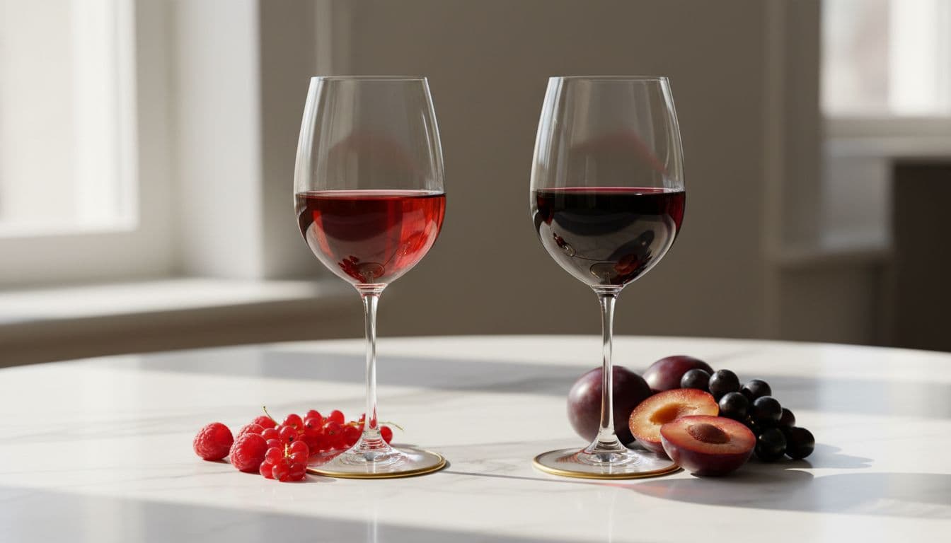 Photo-realistic side-by-side image of two wine glasses on a white marble table under natural daylight, left glass with light ruby Pinot Noir and red berries, right glass with deep purple Malbec and dark plums, emphasizing clear color contrast.