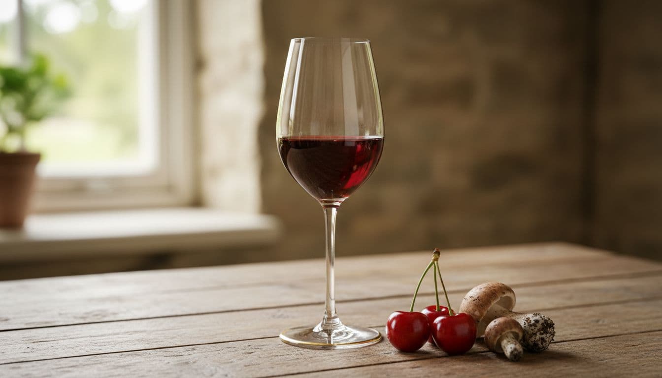 Photo-realistic image of a single elegant glass of light ruby Pinot Noir wine on a rustic wooden table beside fresh red cherries and subtle earthy mushrooms, with soft natural window light and shallow depth of field.