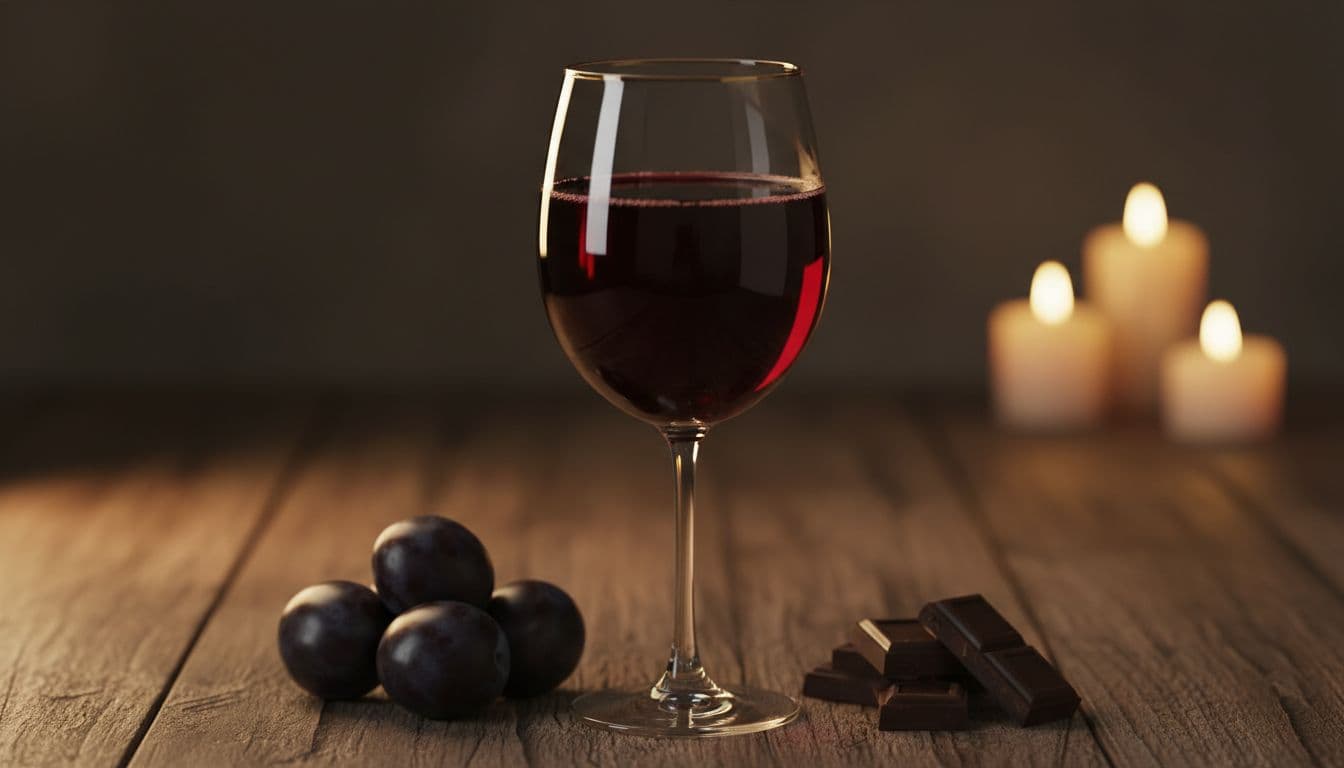 Photo-realistic image of a single glass of deep purple-red Malbec wine on a dark wooden table beside ripe black plums and dark chocolate squares, with warm candlelight glow and rich burgundy tones.