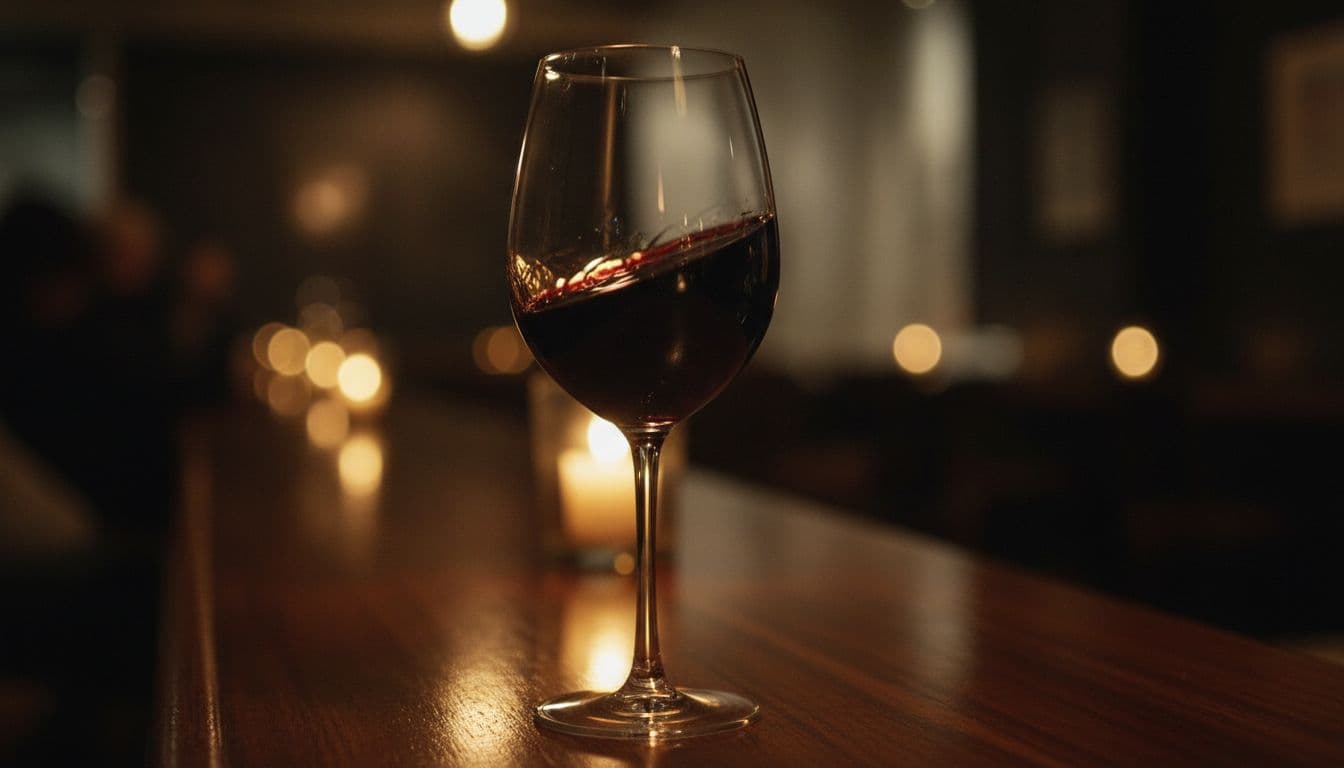 Photo-realistic close-up of a single elegant glass filled with deep burgundy Syrah wine swirling with viscous legs and subtle gold rim lighting from a candle, on a polished wooden bar counter in a dimly lit restaurant.