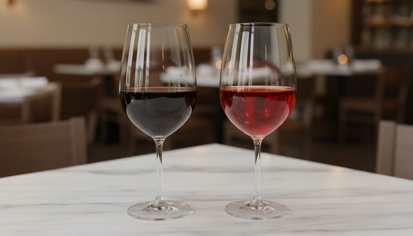 Photo-realistic still life of two wine glasses on a marble table, left with deep Syrah (#722f37), right with brighter Zinfandel ruby and gold reflections (#d4ab66), subtle bokeh restaurant background.