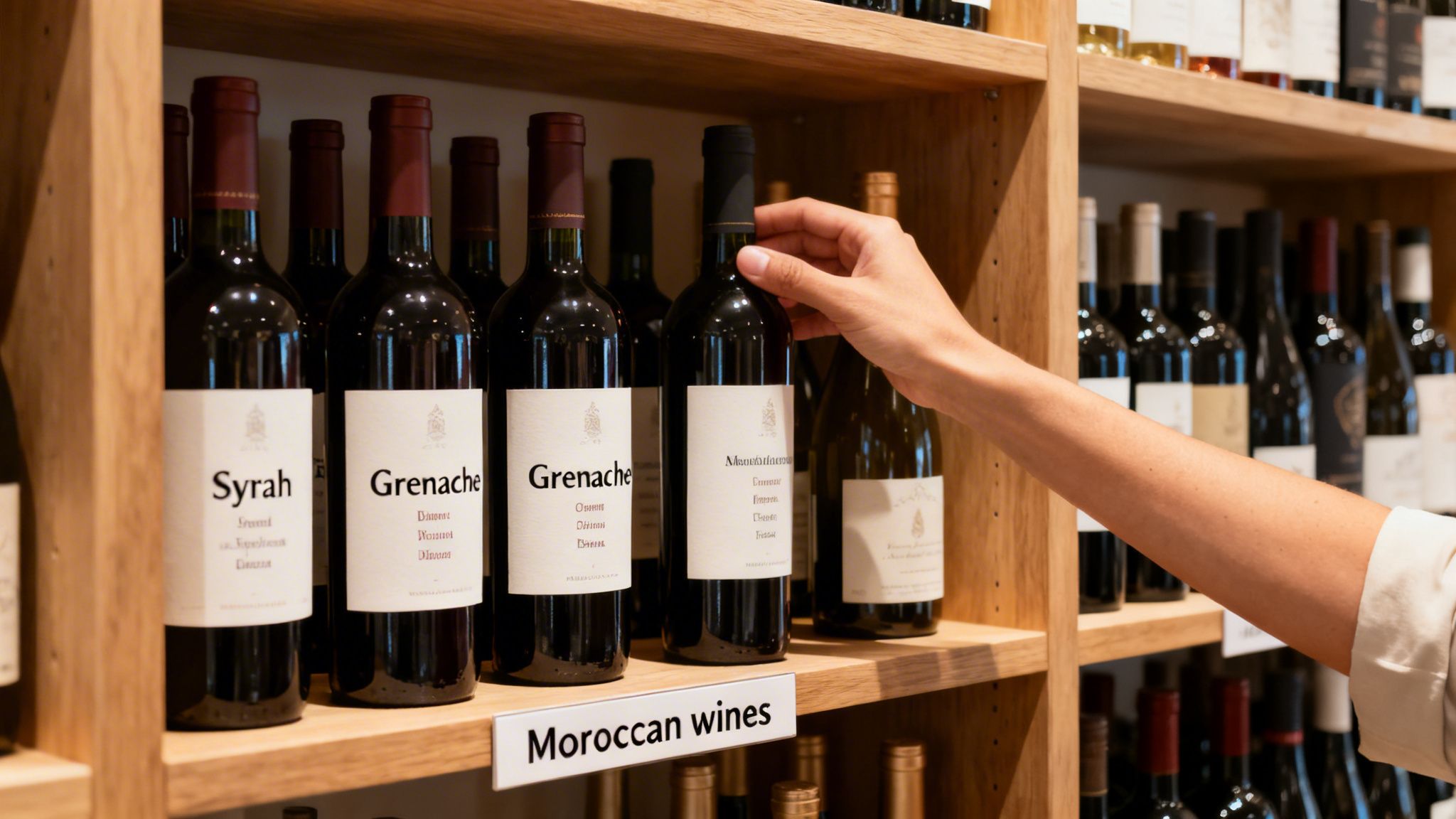 A person's hand choosing a bottle of red wine from the Moroccan wines section of a store.