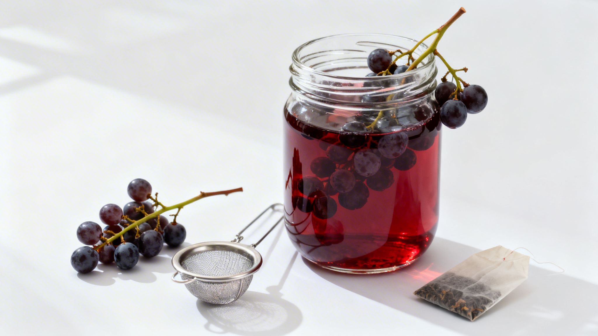 Grape-infused red beverage in a glass jar with fresh grapes, a tea bag, and strainer on a white surface.