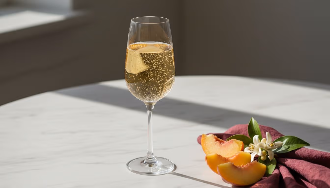 Photo-realistic tall flute glass of lightly sparkling golden Moscato wine with rising bubbles, on white marble table beside fresh peach slices and orange blossom sprig, soft afternoon light, subtle burgundy napkin and gold highlights.