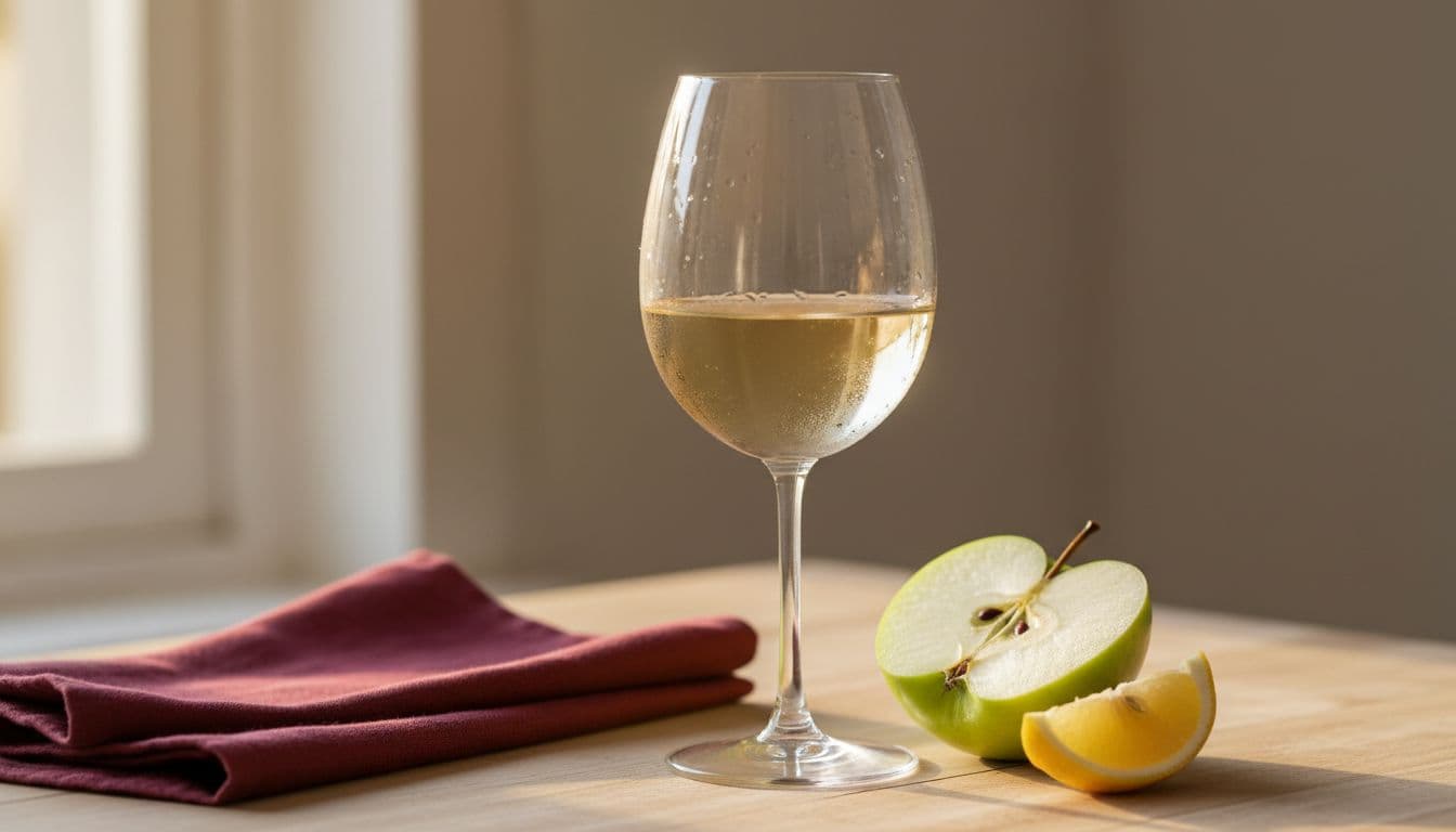 Photo-realistic image of a single clear stemmed glass filled with pale straw-colored dry Riesling wine, featuring subtle condensation, placed on a light wooden table beside a halved green apple and lemon wedge under soft morning sunlight. A folded deep burgundy napkin adds contrast, with golden highlights on the fruit and glass emphasizing the refreshing pairing.
