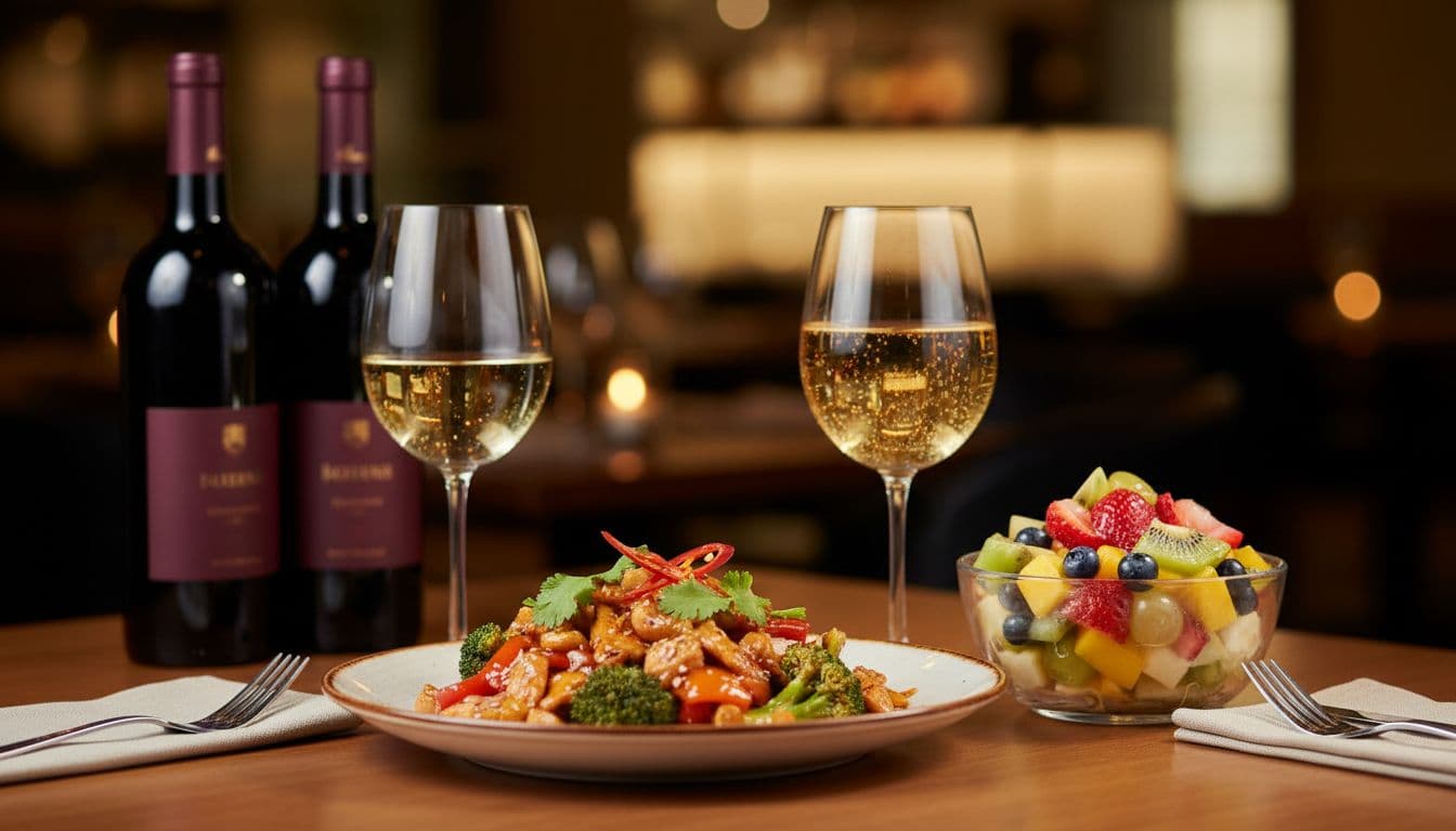 Photo-realistic dining table scene with two wine glasses: left pale dry Riesling next to spicy Asian stir-fry, right golden sparkling Moscato beside fresh fruit salad dessert, elegant simple place setting, warm ambient restaurant lighting.