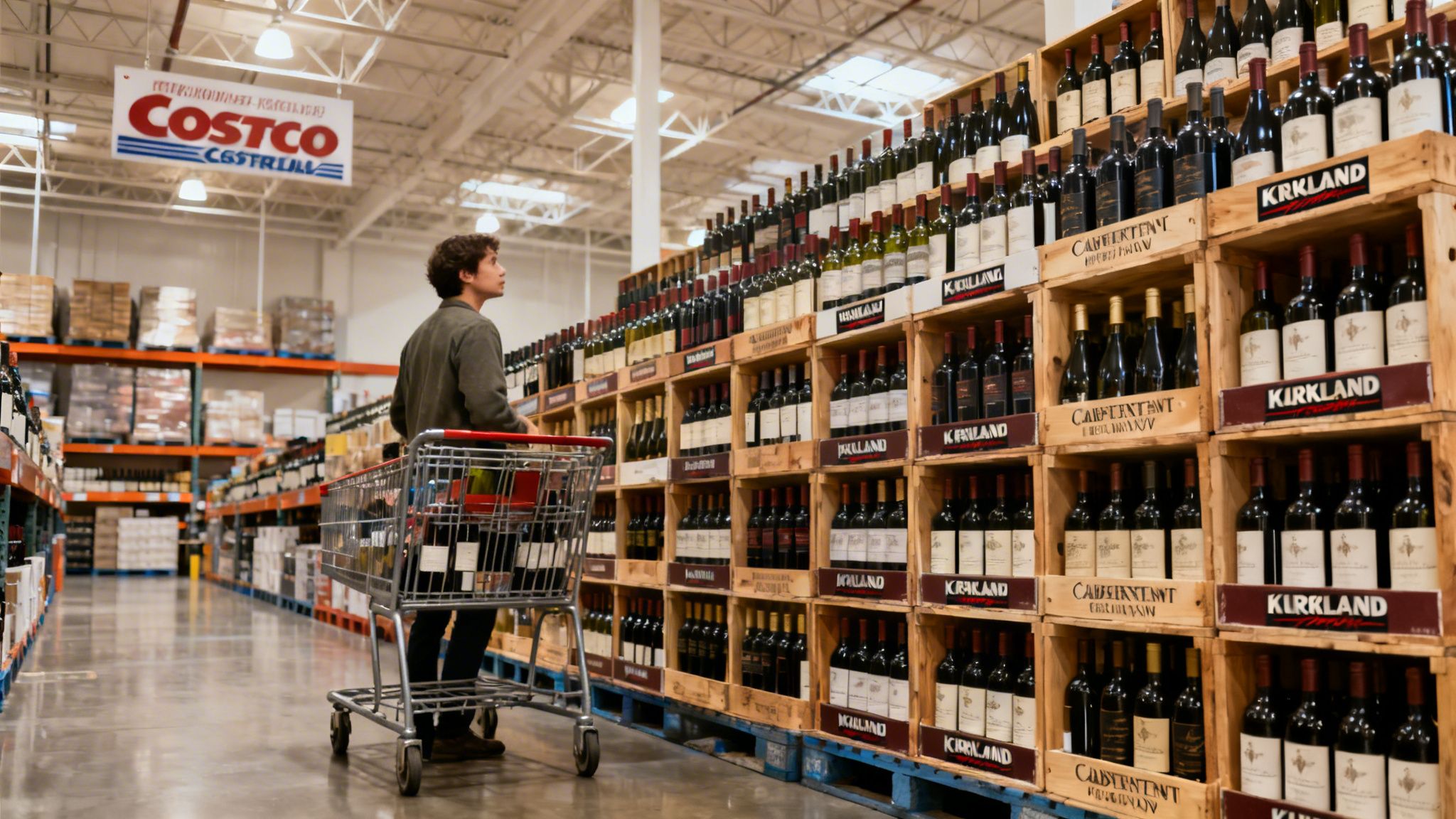 Man with shopping cart browsing rows of Kirkland Signature and Cabernet Sauvignon wines at Costco.