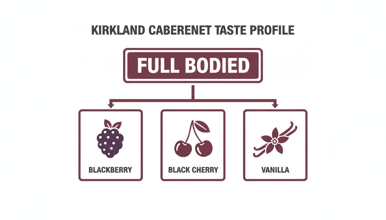 Kirkland Cabernet Sauvignon taste profile with full-bodied characteristic, showing blackberry, black cherry, and vanilla notes.