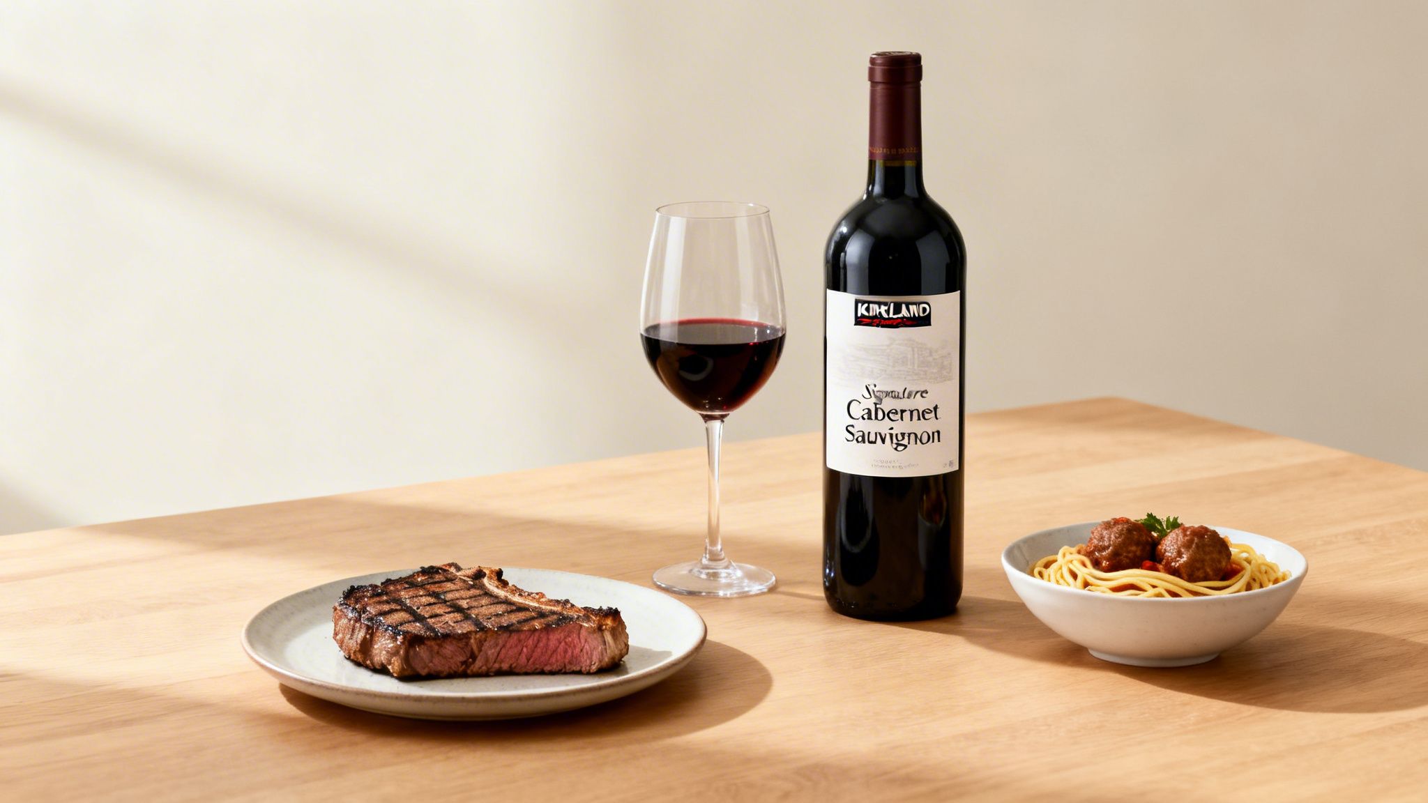 Kirkland Signature Cabernet Sauvignon wine with a glass, grilled steak, and spaghetti with meatballs on a wooden table.