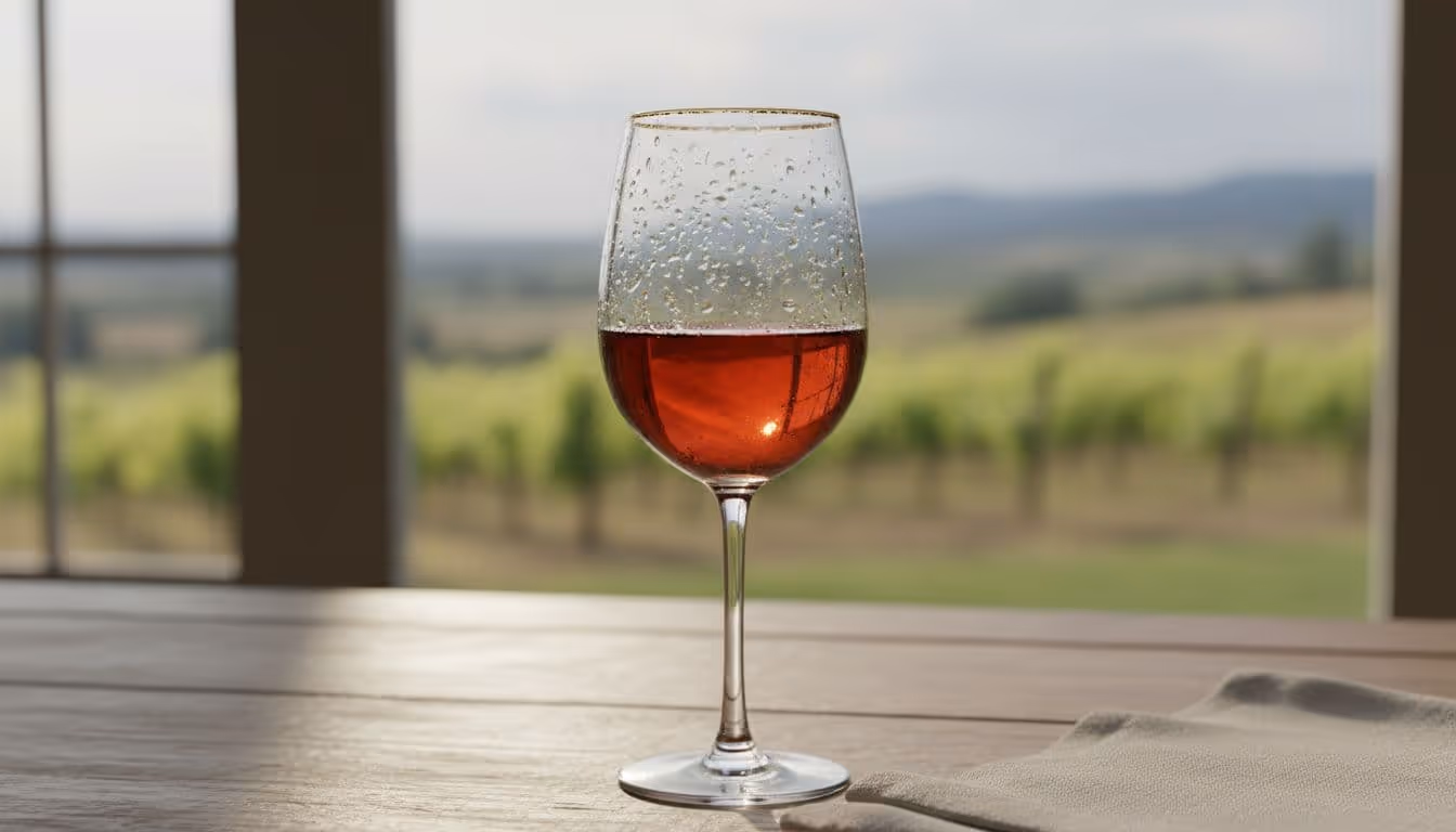 Photo-realistic close-up of a single chilled glass of light red Pinot Noir wine with condensation droplets on elegant stemware on a wooden table in soft natural light, featuring a blurred vineyard background.