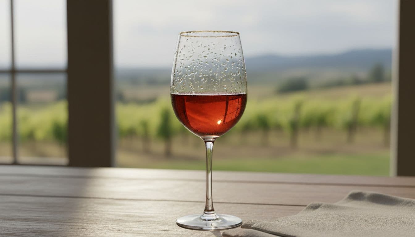 Photo-realistic close-up of a single chilled glass of light red Pinot Noir with condensation on elegant stemware on a wooden table.