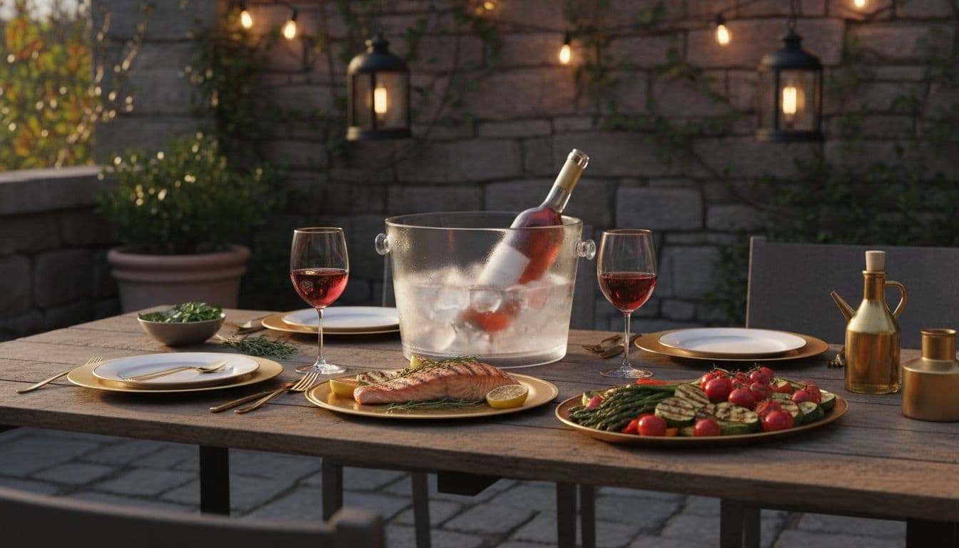 Photo-realistic table with chilled light red wine and glasses paired with grilled salmon and summer vegetables on a patio at dusk.