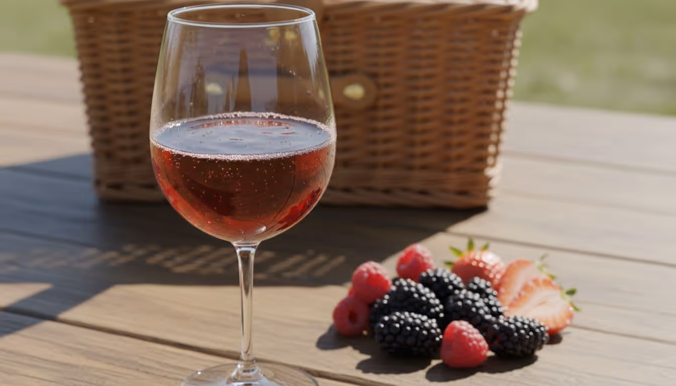 Photo-realistic chilled glass of bright Gamay red wine with bubbles from recent pour, juicy berries on casual picnic table outdoors in daylight, relaxed medium shot with high detail.