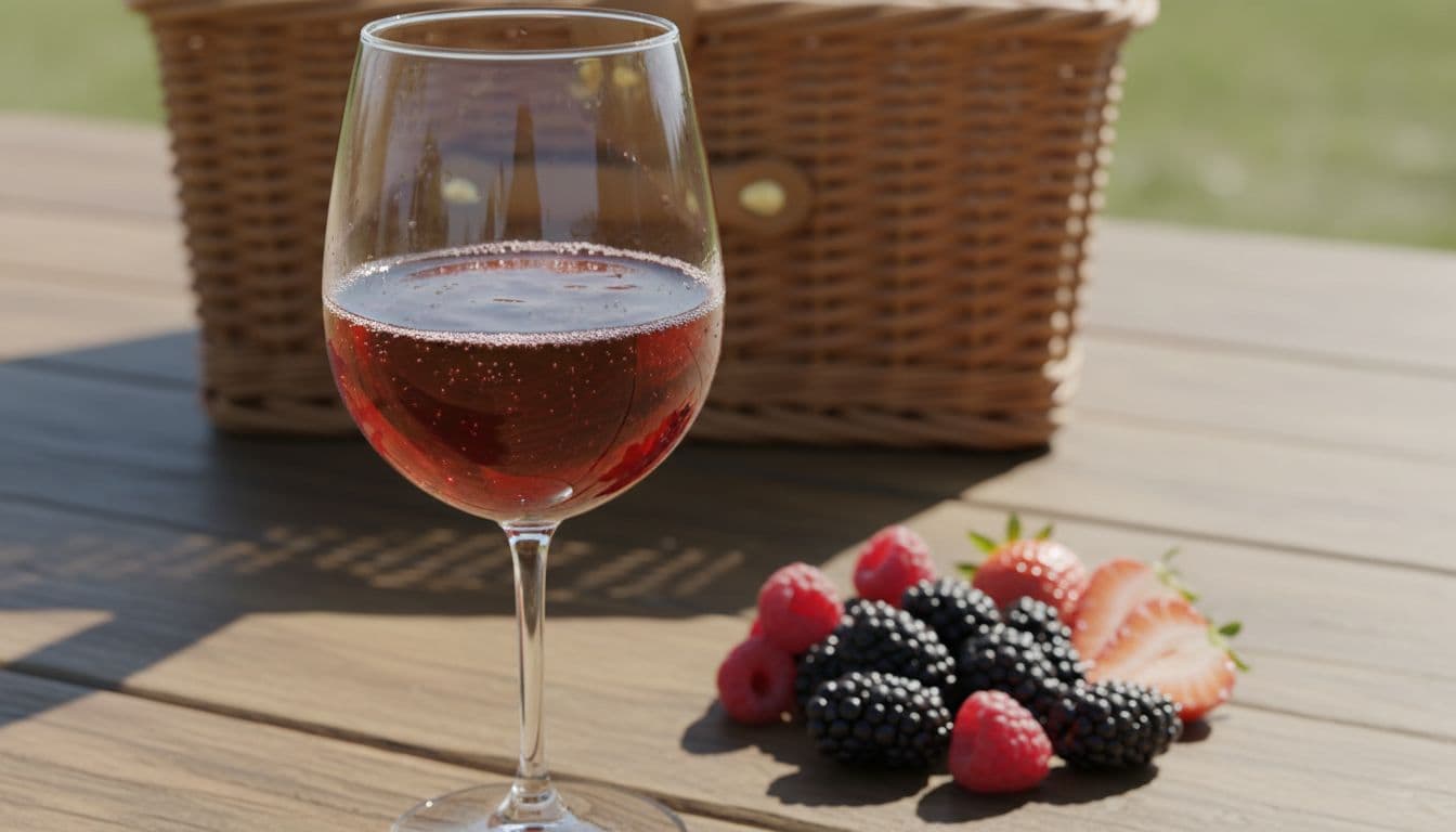 Photo-realistic chilled glass of bright Gamay red wine with juicy berries on a casual picnic table outdoors in daylight.