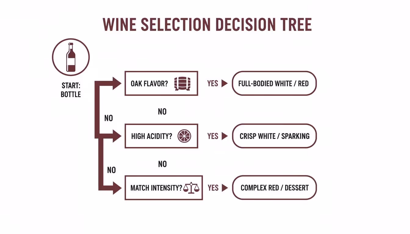 A wine selection decision tree flowchart guides choices based on oak flavor, acidity, and intensity.