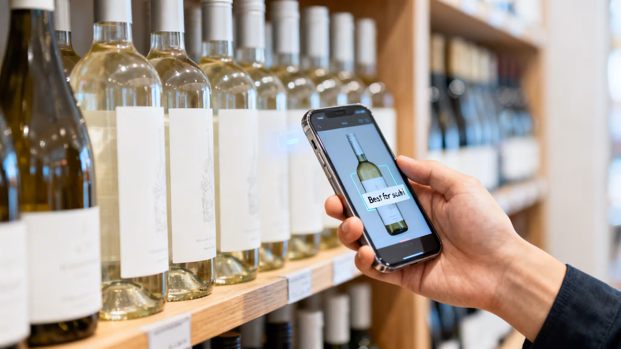 A person uses a smartphone with augmented reality to find white wine suitable for sushi in a store.