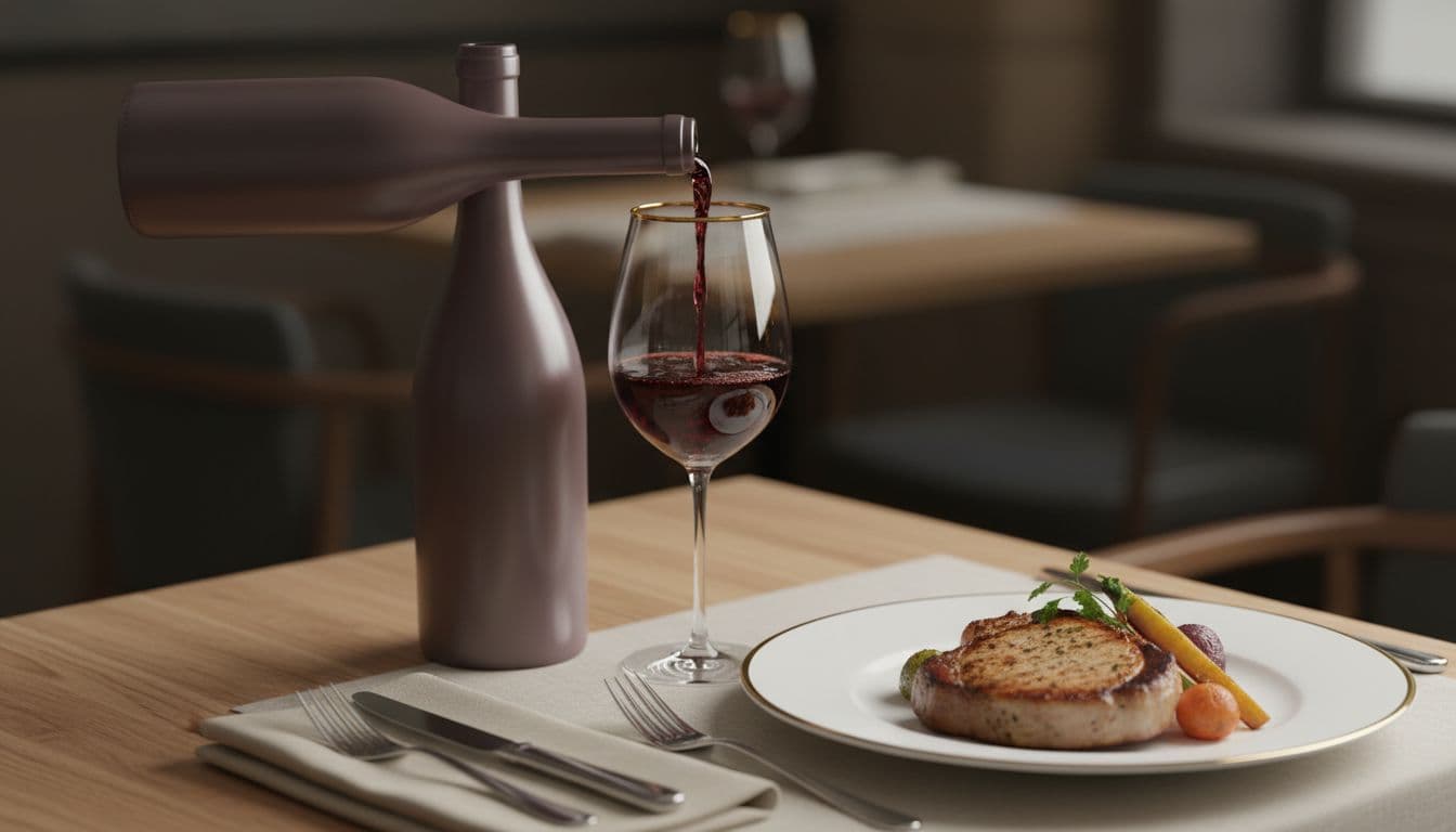 Photo-realistic restaurant table with a glass of low-tannin red wine poured from a bottle, simple pork chop meal nearby, relaxed elegant dining atmosphere, soft ambient lighting, no people or text visible.