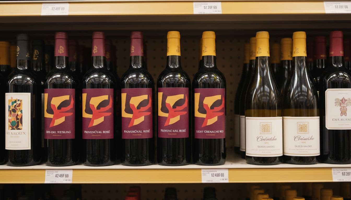 Grocery store wine shelf displaying everyday bottles of off-dry Riesling, Provençal rosé, and light Grenache for jambalaya.