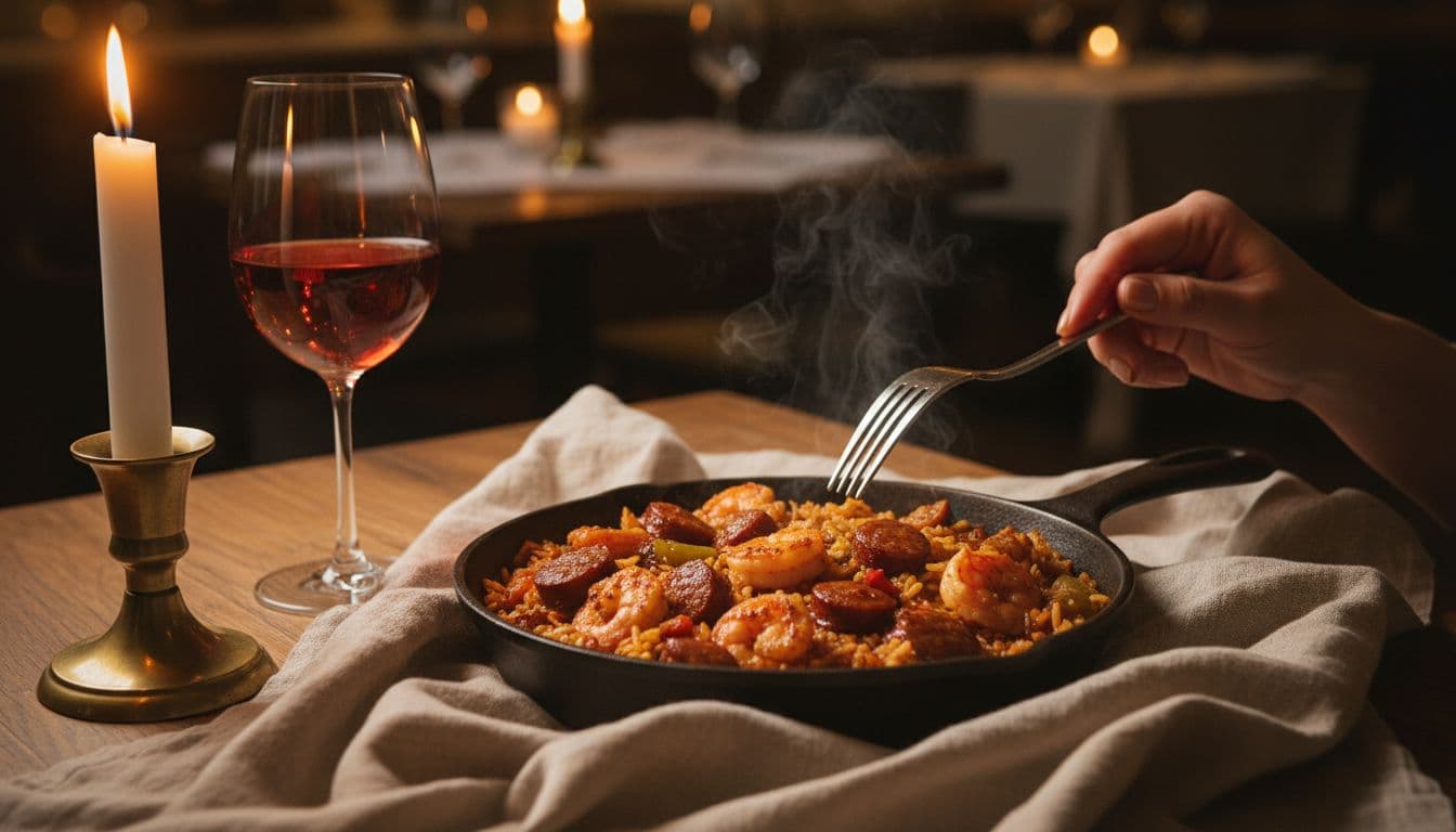 Cozy restaurant table with spicy shrimp and sausage jambalaya and a glass of dry rosé wine in candlelight.