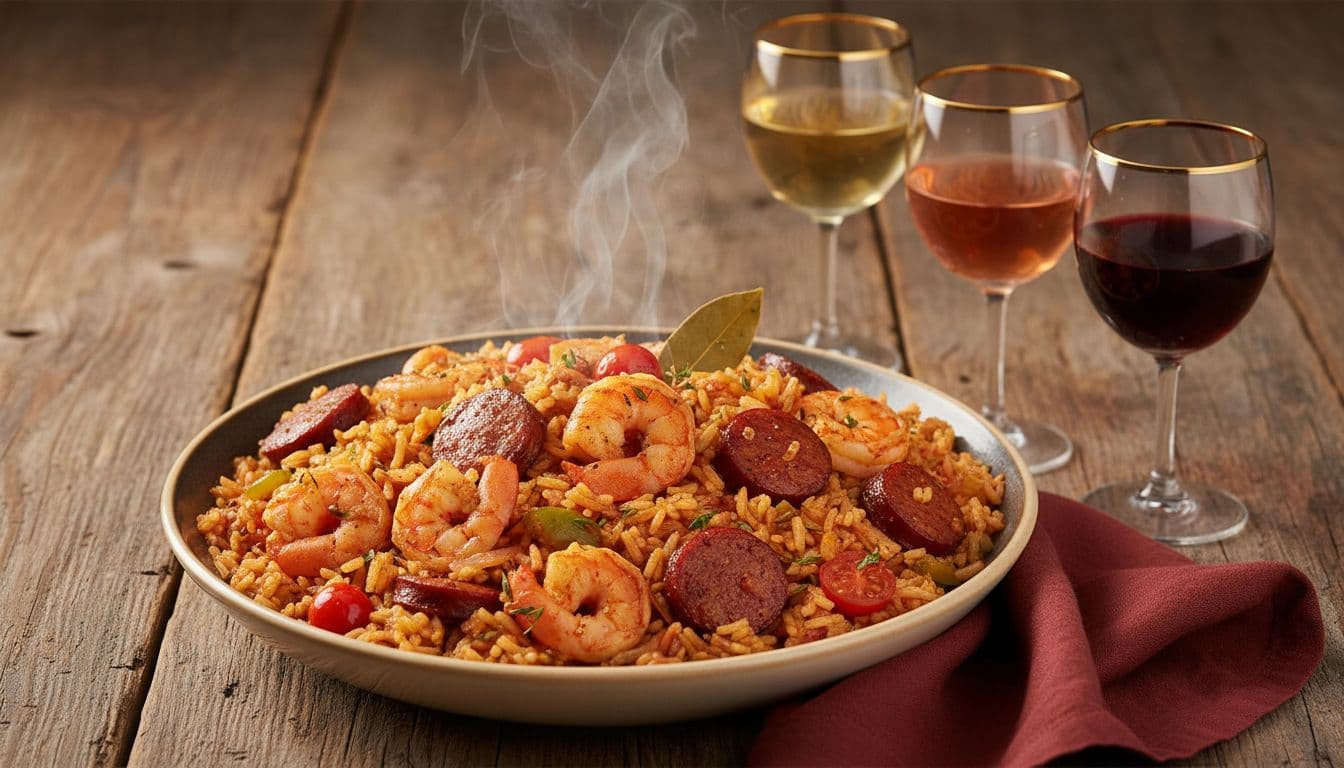 Steaming bowl of shrimp and sausage jambalaya with rice, bell peppers, and tomatoes beside glasses of off-dry Riesling, dry rosé, and light Grenache.