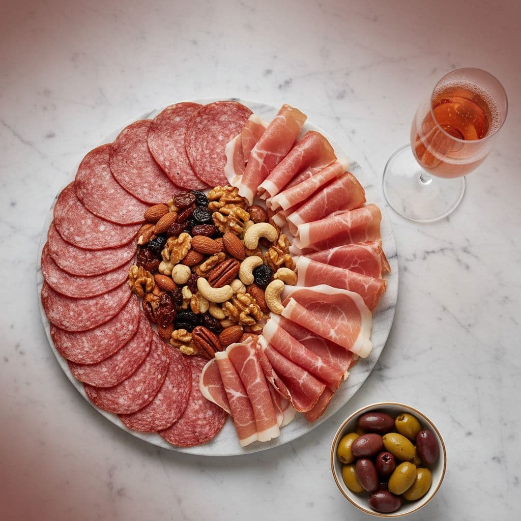 Photo-realistic top-down view of a charcuterie board featuring salami slices, prosciutto folds, and a cluster of mixed nuts, paired with a gently bubbling glass of sparkling wine on a marble surface.