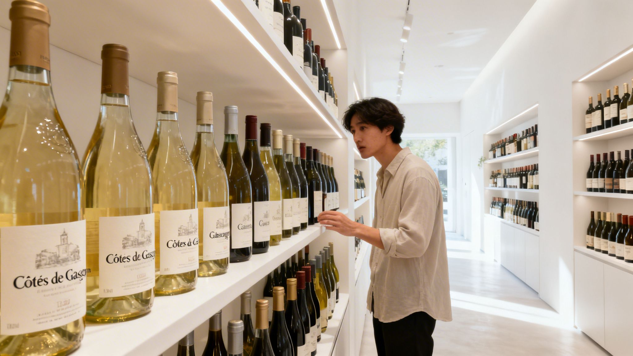 A young man looking at a selection of Cotes de Gascogne wine bottles on store shelves.