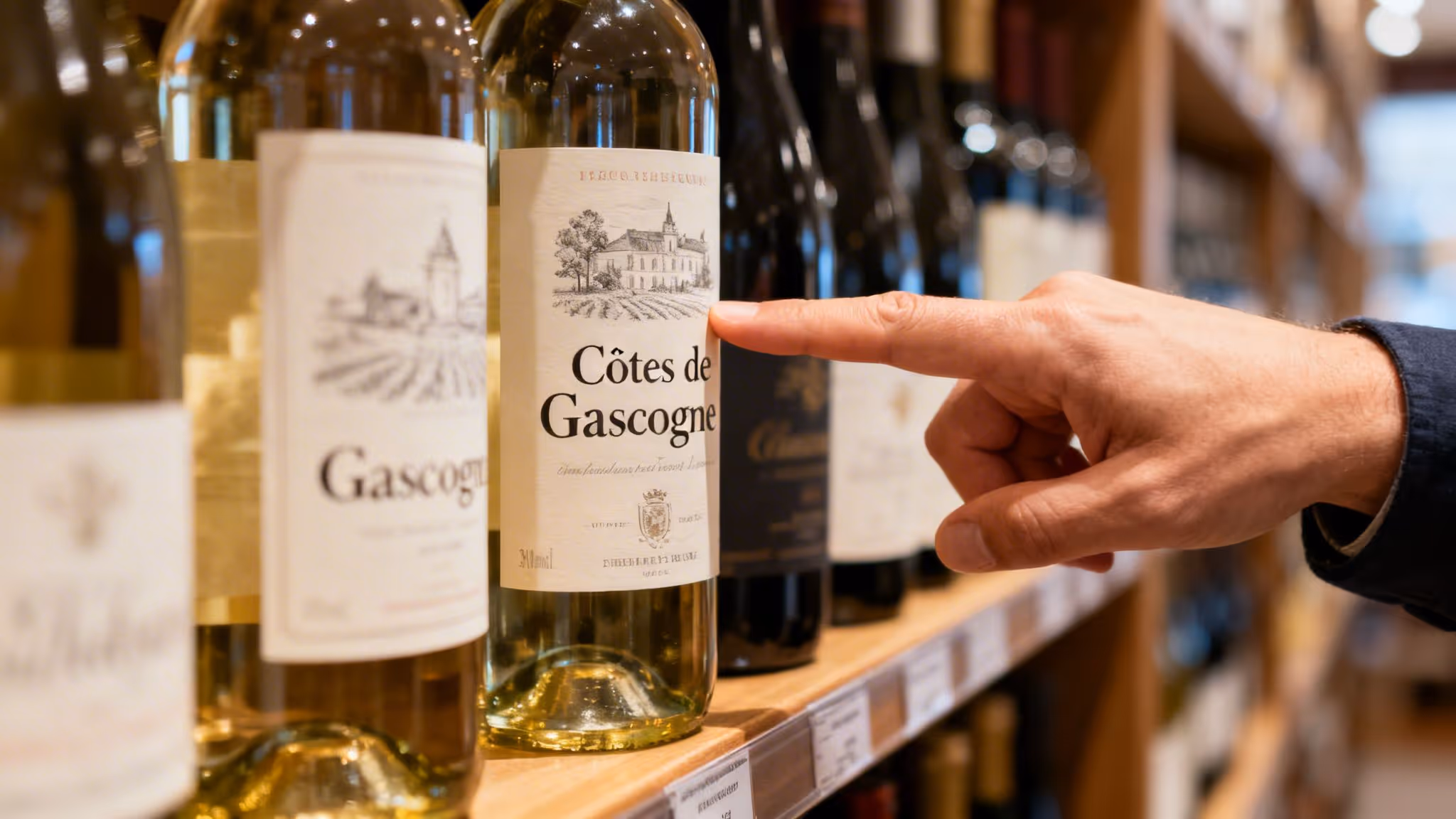 A close up view of a person pointing at a bottle of Cotes de Gascogne wine on a shelf.