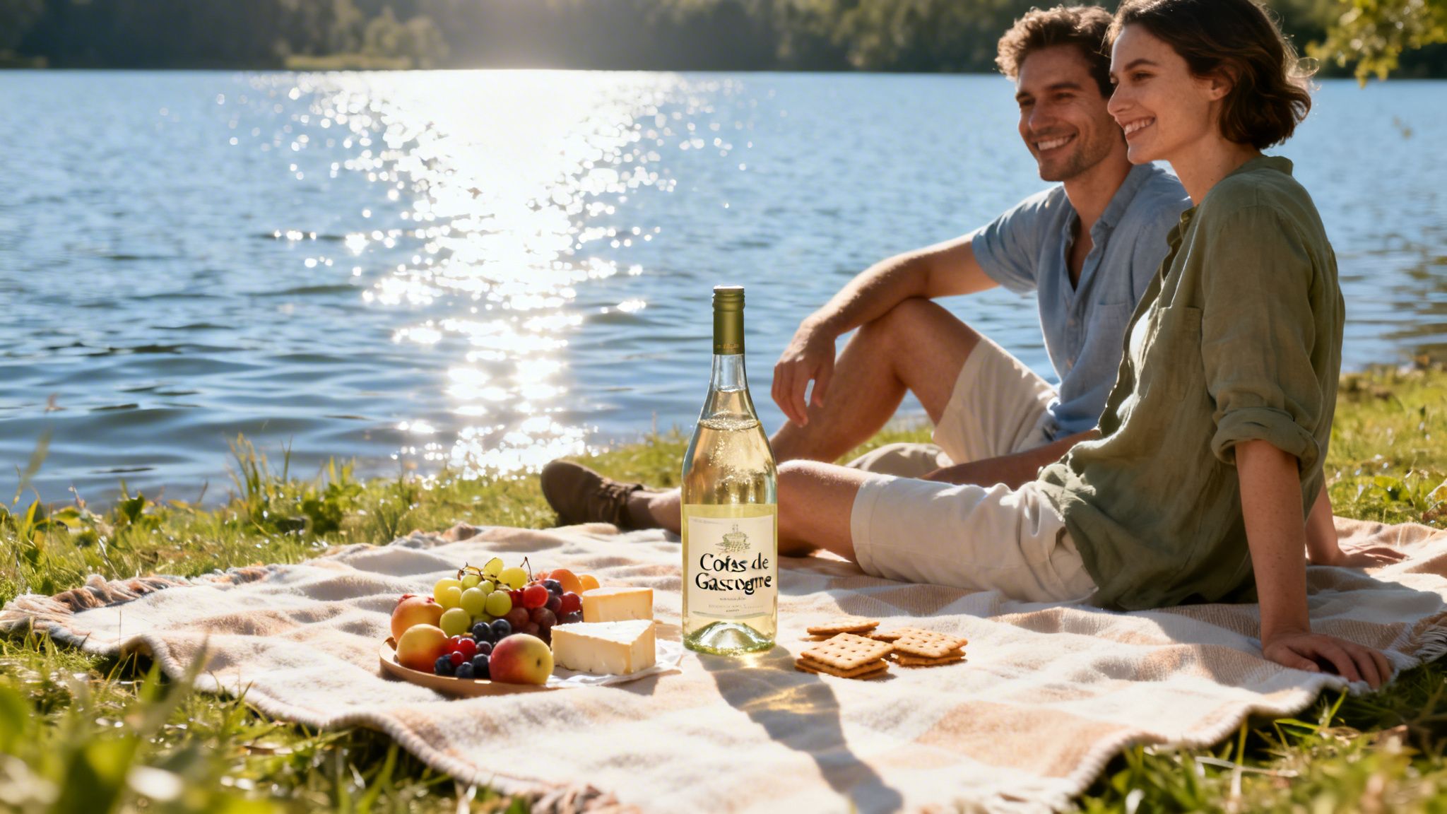 A happy couple enjoying a picnic with a bottle of Cotes de Gascogne wine by a lake.