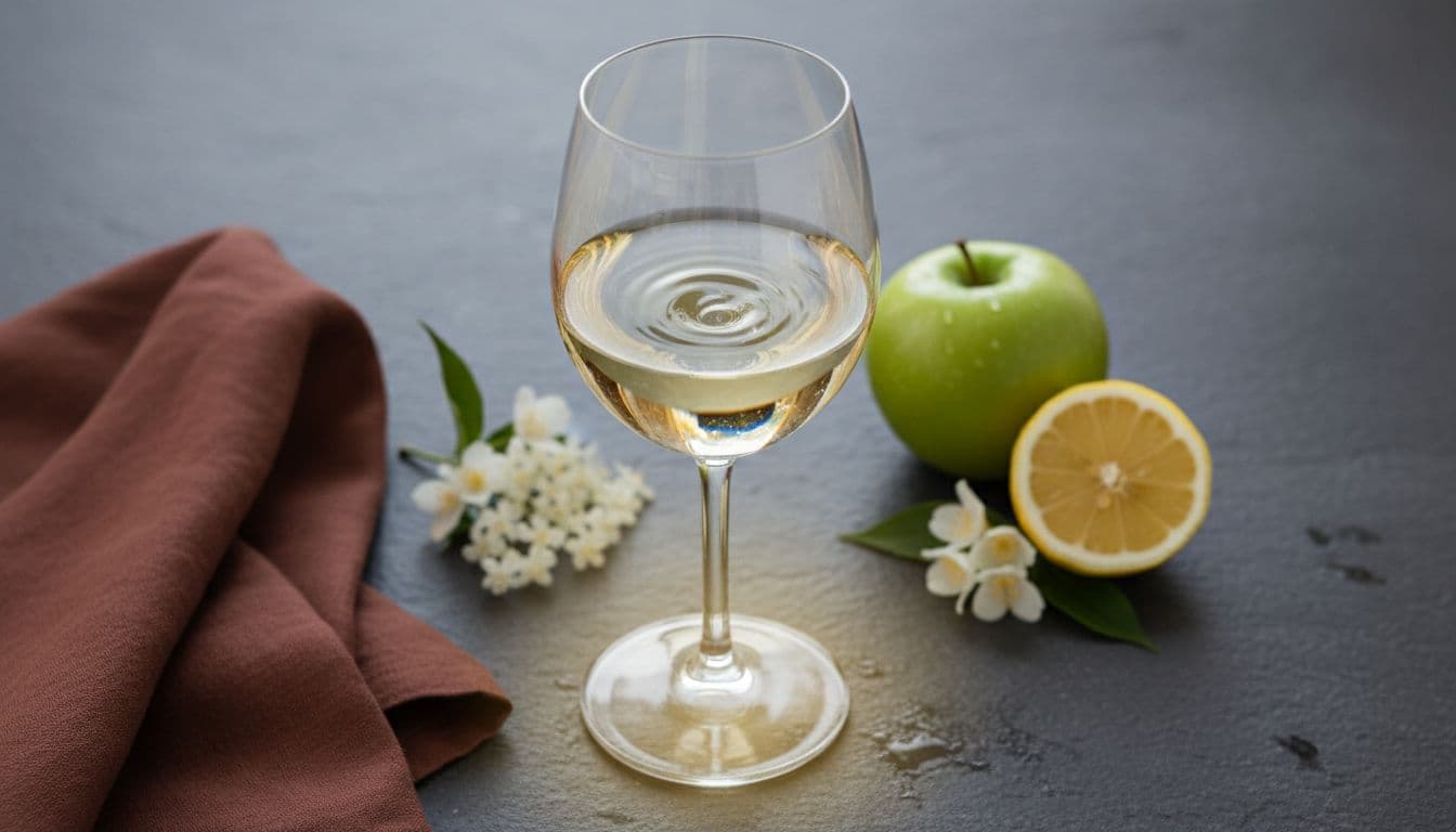 Photo-realistic close-up of a swirling glass of pale straw-yellow unoaked Chardonnay on a slate table, accompanied by green apple half, lemon slice, wet stone, and white flowers evoking citrus, green apple, and minerality notes.