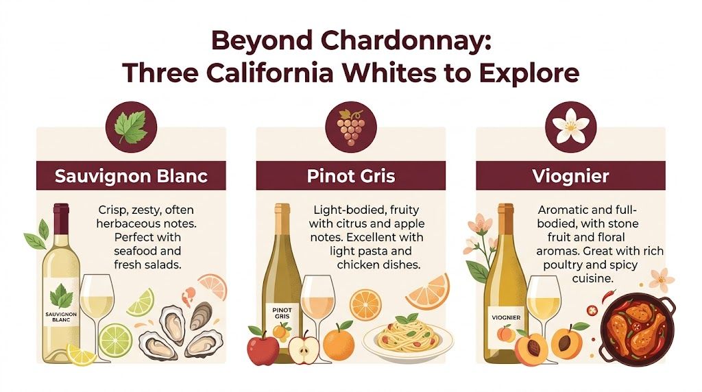 An infographic showing three California white wines: Sauvignon Blanc, Pinot Gris, and Viognier with food pairings.