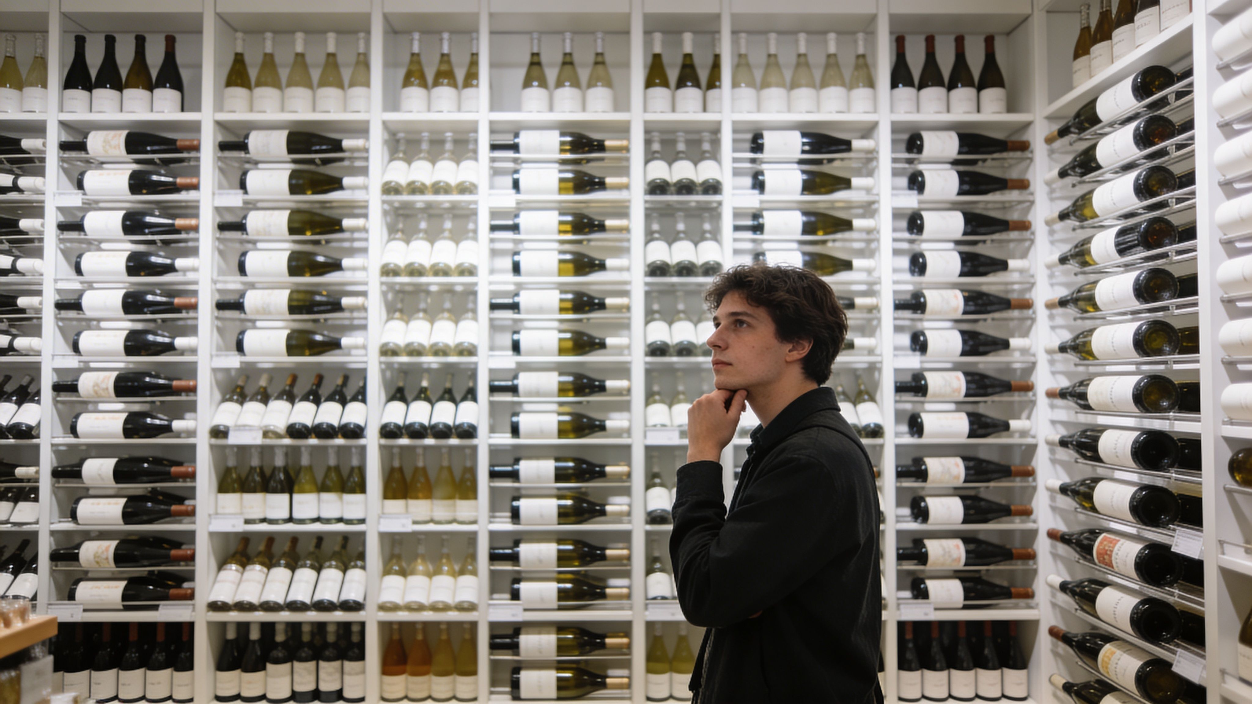 A young man thoughtfully examines a selection of white wines arranged on shelves in a store.