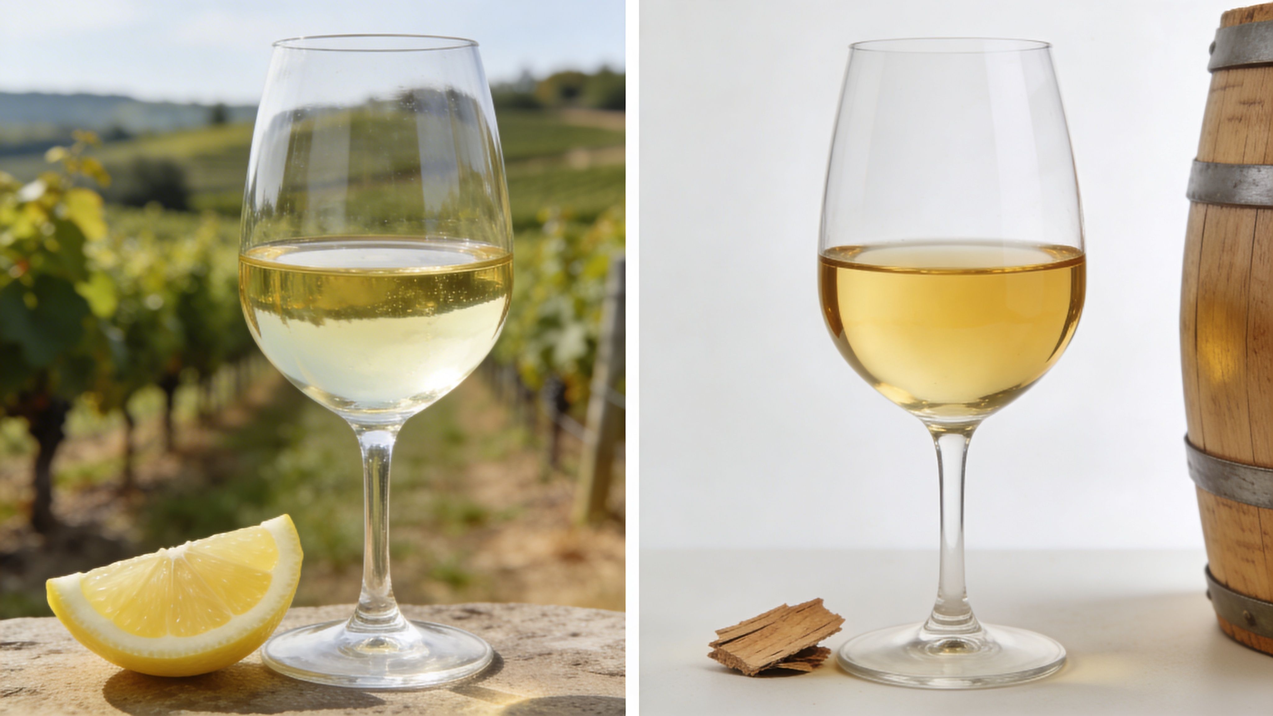Two wine glasses filled with white wine, one with a lemon slice and one with wood chips.
