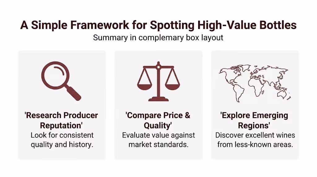 A simple guide featuring three steps to identifying high-value wine bottles for smart purchasing decisions.