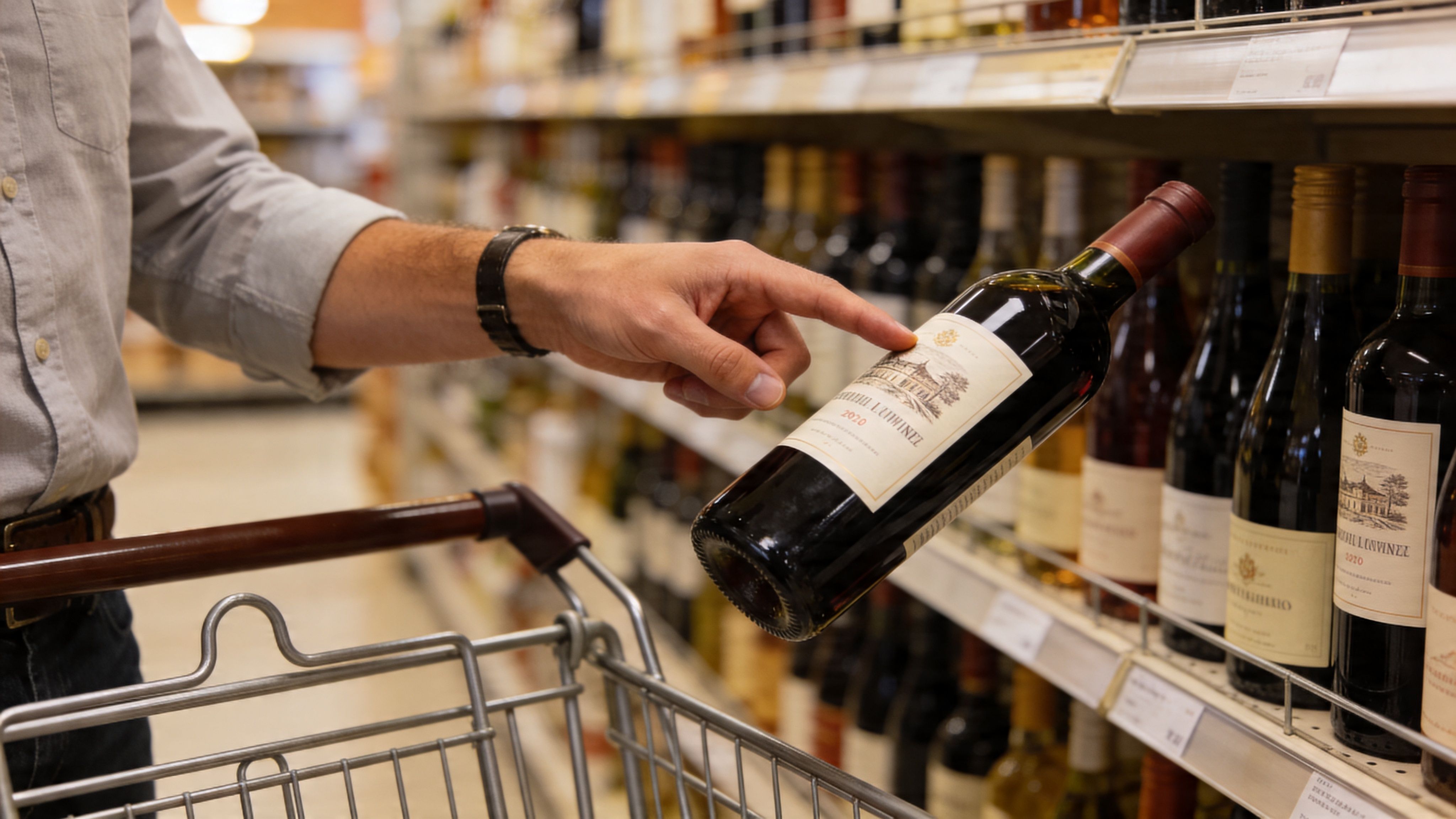 A shopper reaching for a bottle of wine from a store shelf in a supermarket aisle.