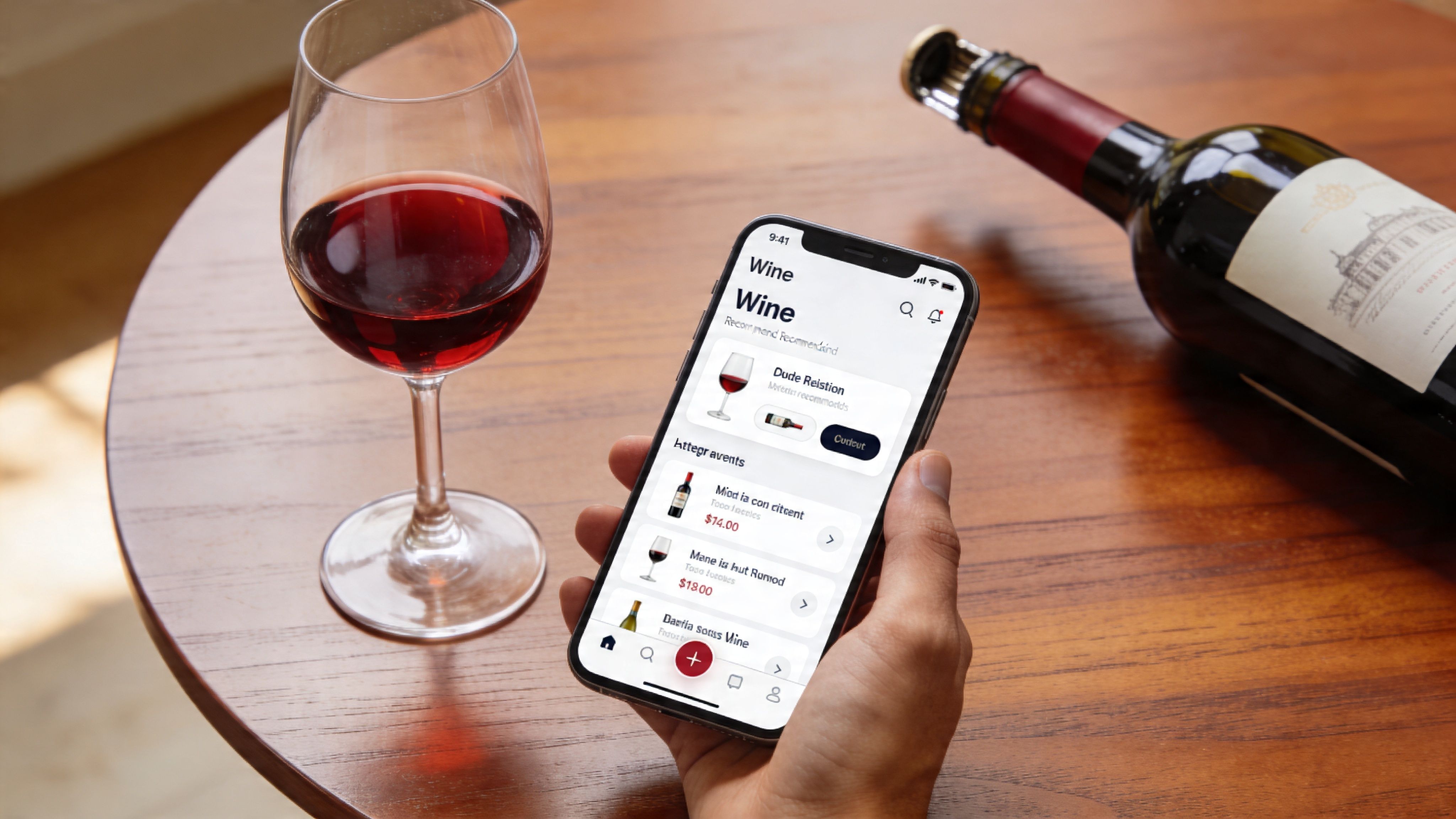 A hand holds a smartphone displaying a wine ordering app next to a glass and bottle of red wine.