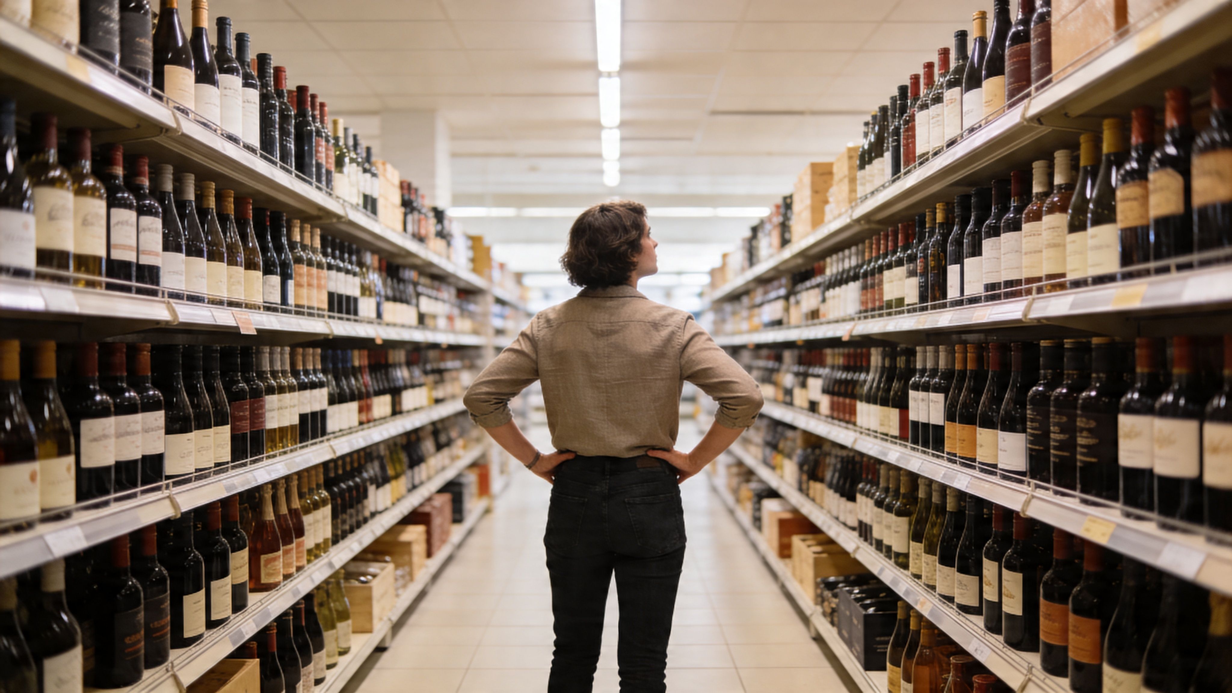 A person standing in the middle of a supermarket aisle, surrounded by shelves stocked with wine bottles.