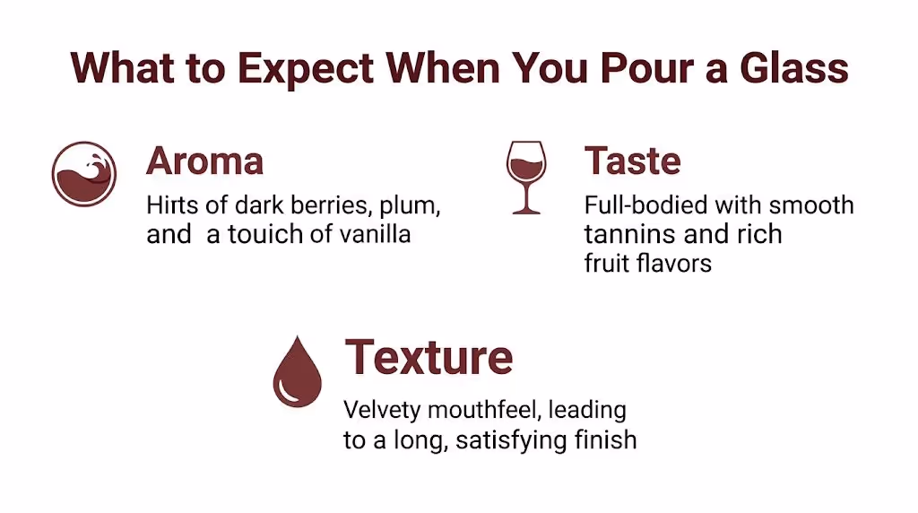 A visual guide describing the aroma, taste, and texture profiles of the Trivento Malbec Golden Reserve wine.