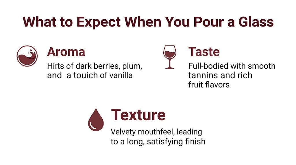 A visual guide describing the aroma, taste, and texture profiles of the Trivento Malbec Golden Reserve wine.