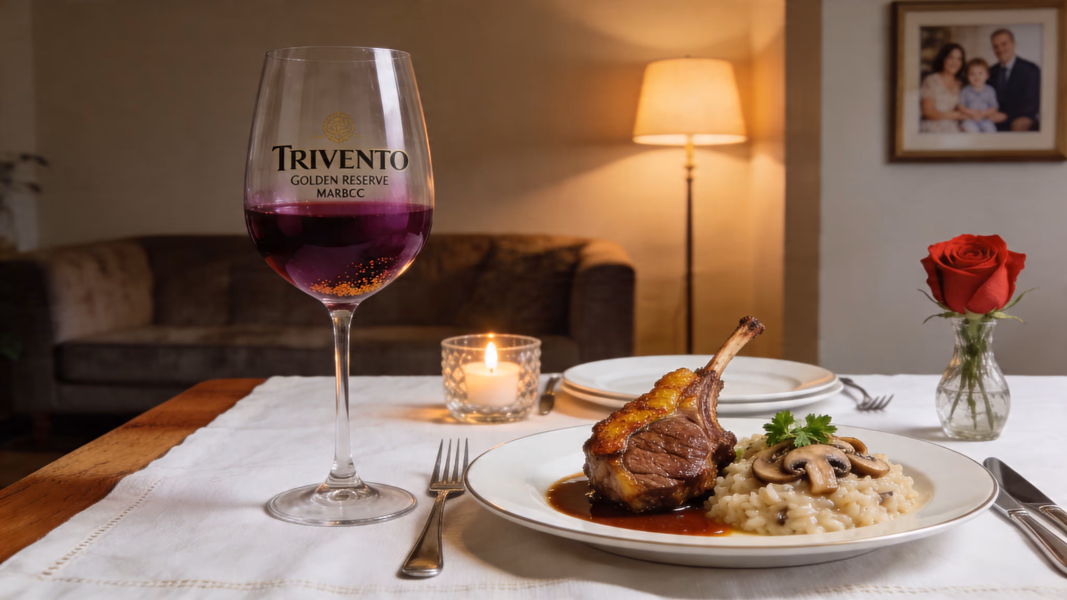 A glass of Trivento Malbec Golden Reserve wine paired with a gourmet lamb chop and mushroom risotto dish.
