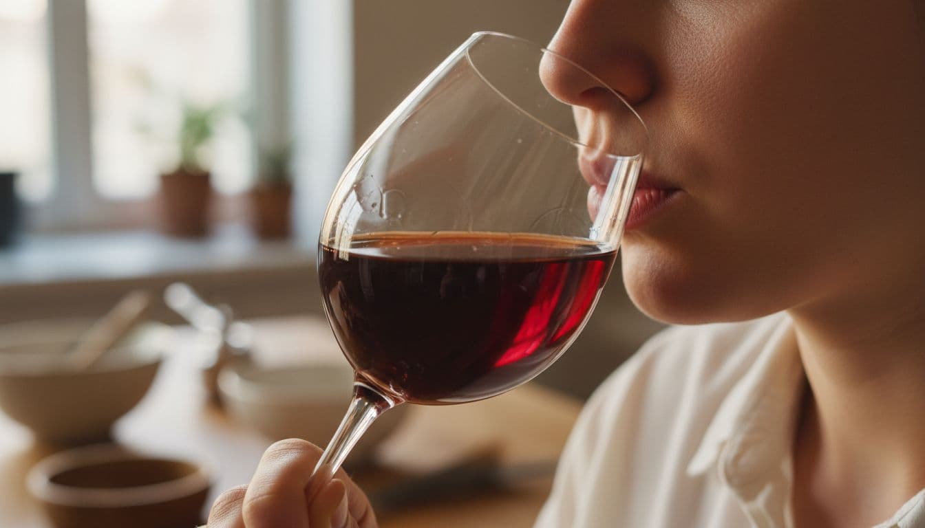 Close-up of lips sipping oxidized sherry-like brownish wine from a glass, with a subtle expression of off flavors on the lower face, set on a refined kitchen counter with soft focus background.