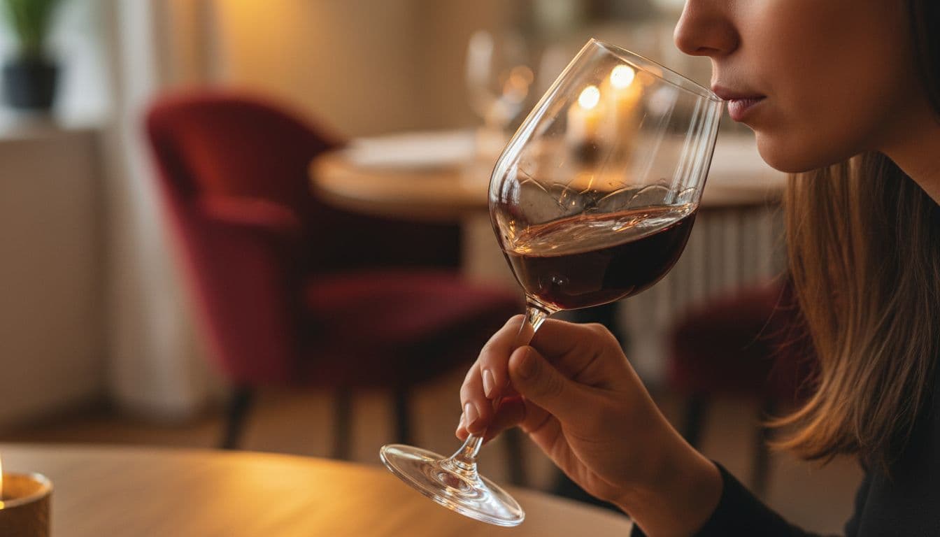 A person's hand gently swirls a wine glass with reddish-brown oxidized wine, nose close to the rim inhaling the aroma in an elegant close-up, cozy dining setting with photo-realistic refined wine-education style.