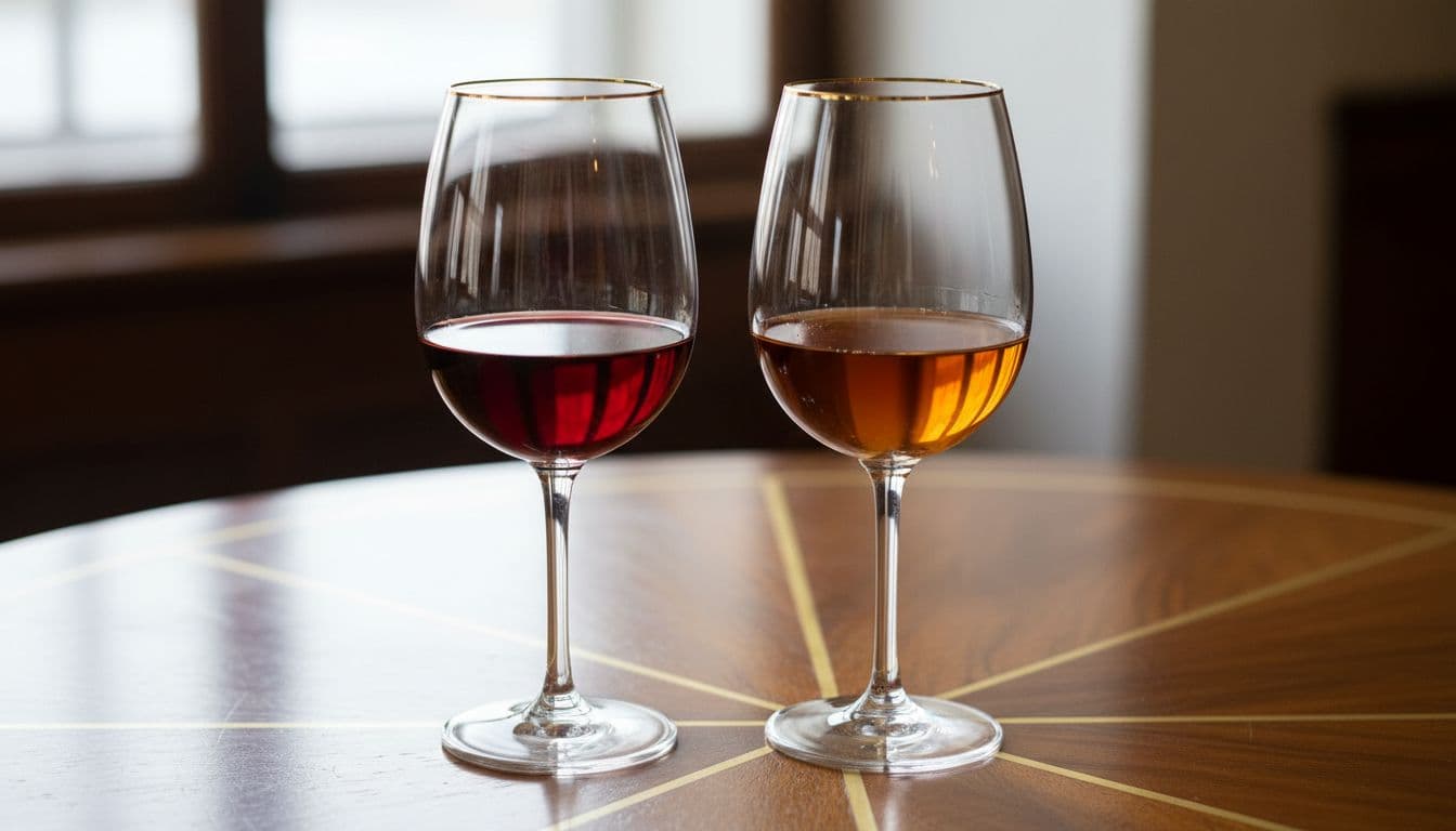Two clear wine glasses side by side on an elegant wooden bar table; left with fresh vibrant red wine in bright ruby color #722f37, right with oxidized wine in darkened brownish-tawny hue, close-up emphasizing color contrast in photo-realistic wine-education style.