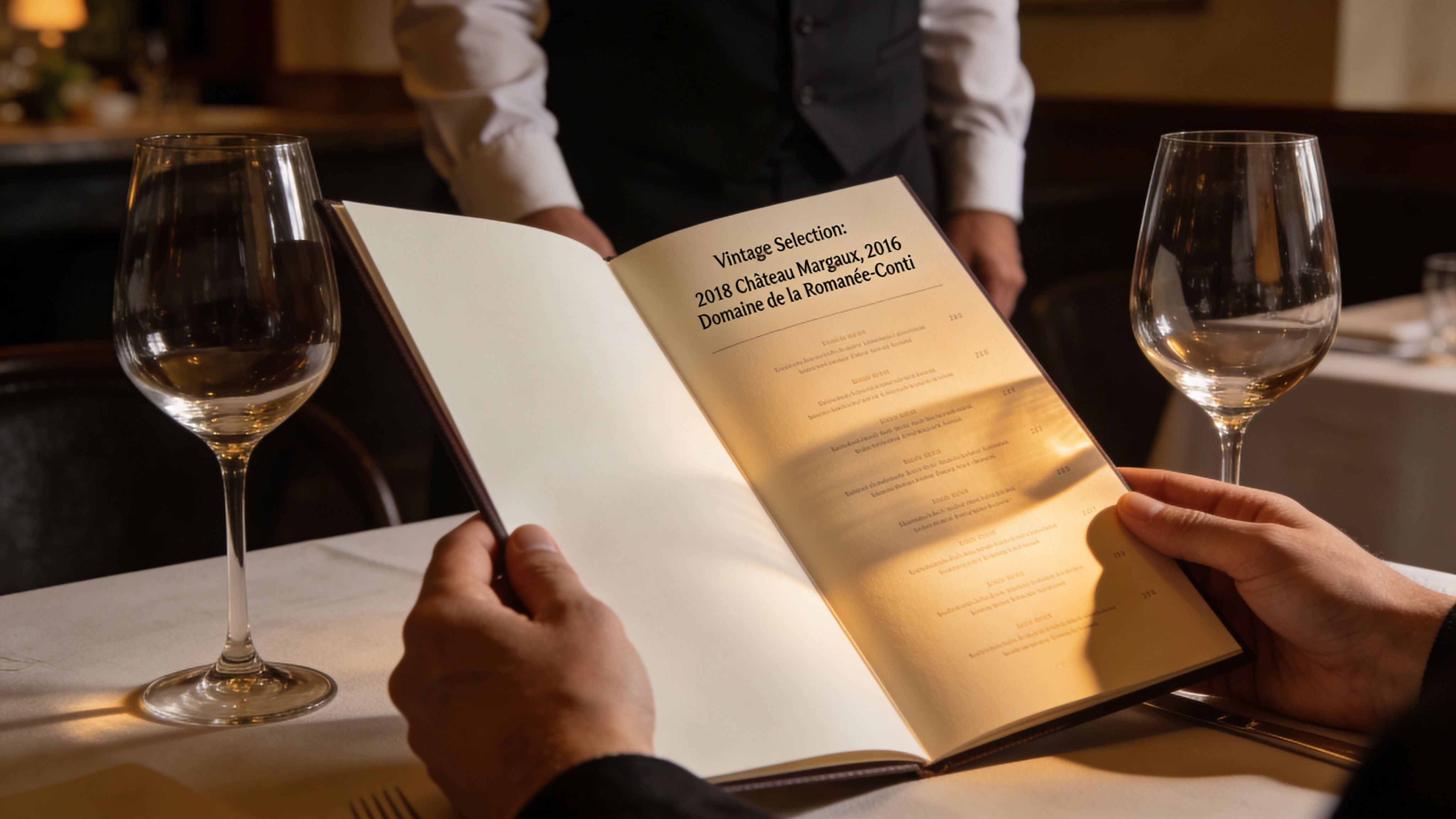 A person reading a wine menu with vintage selections at a restaurant table with wine glasses.