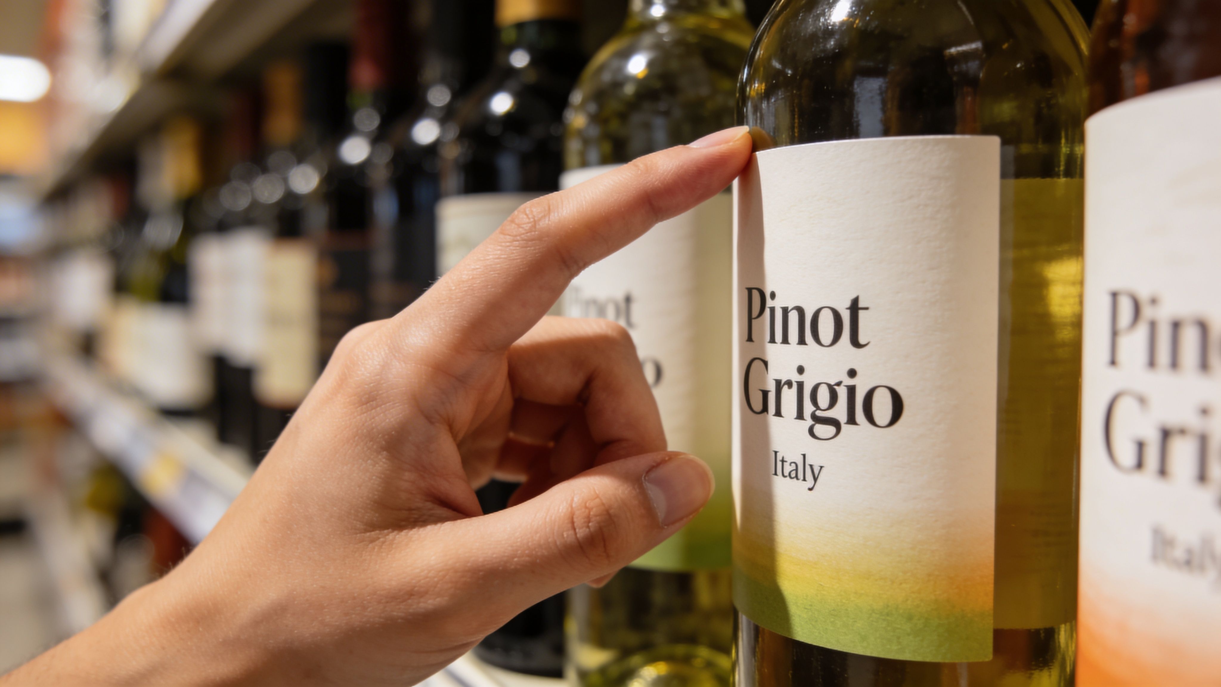 A close-up view of a hand selecting a bottle of Pinot Grigio wine from a grocery store shelf.
