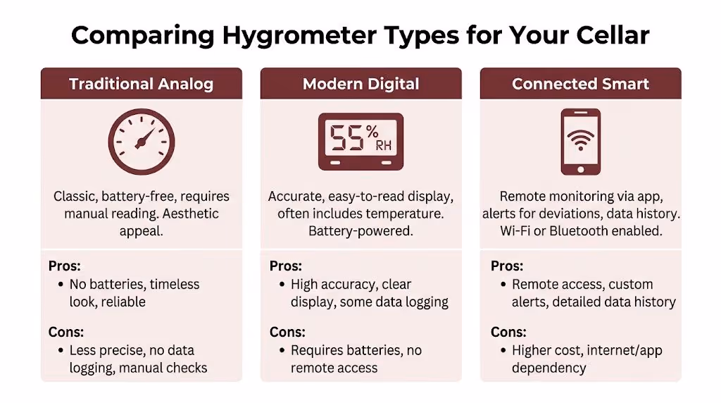 A comparison chart outlining the pros and cons of traditional analog, modern digital, and connected smart hygrometers.