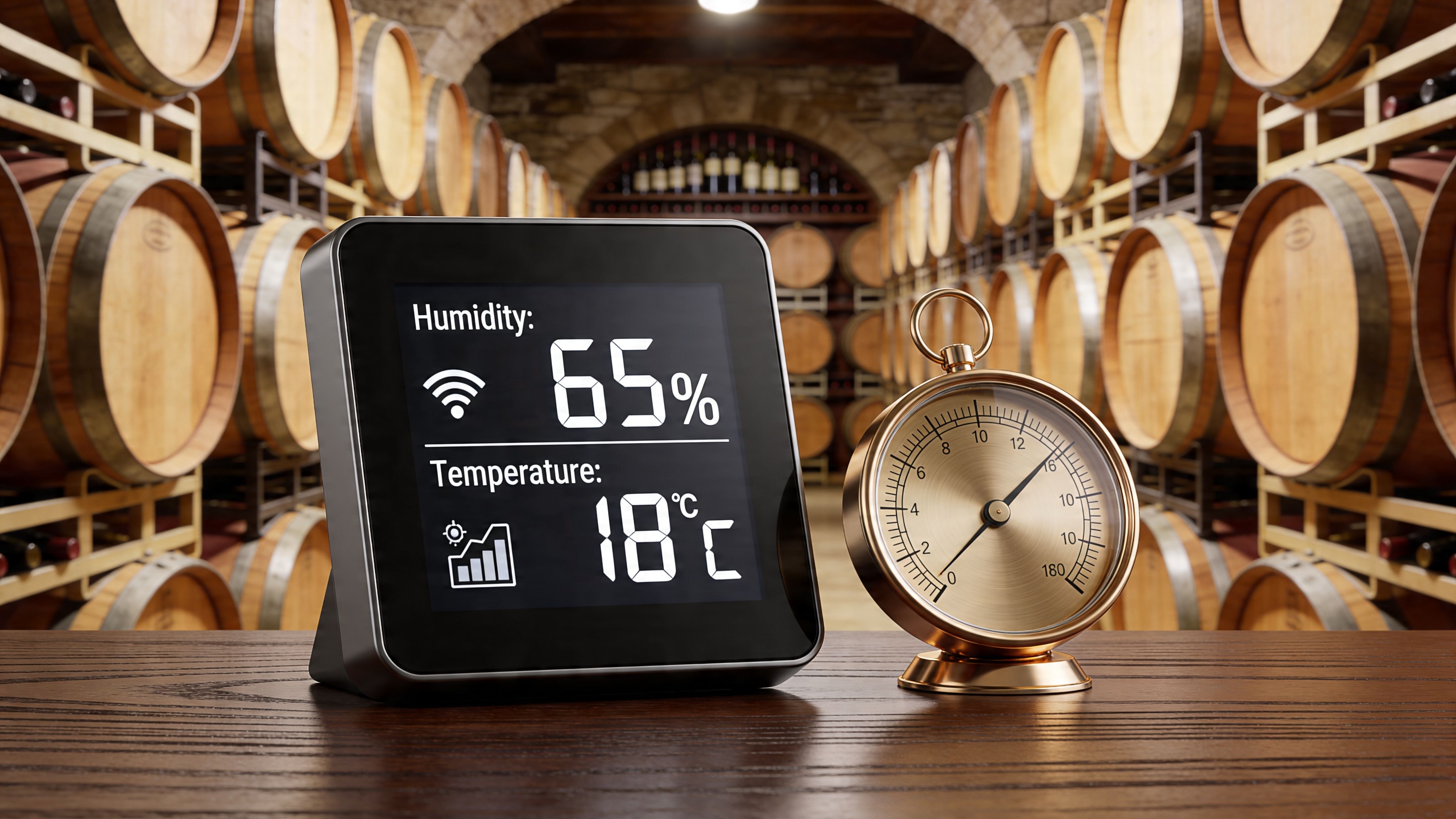 A digital thermometer and hygrometer with a vintage brass clock sitting on a wooden surface in a wine cellar.