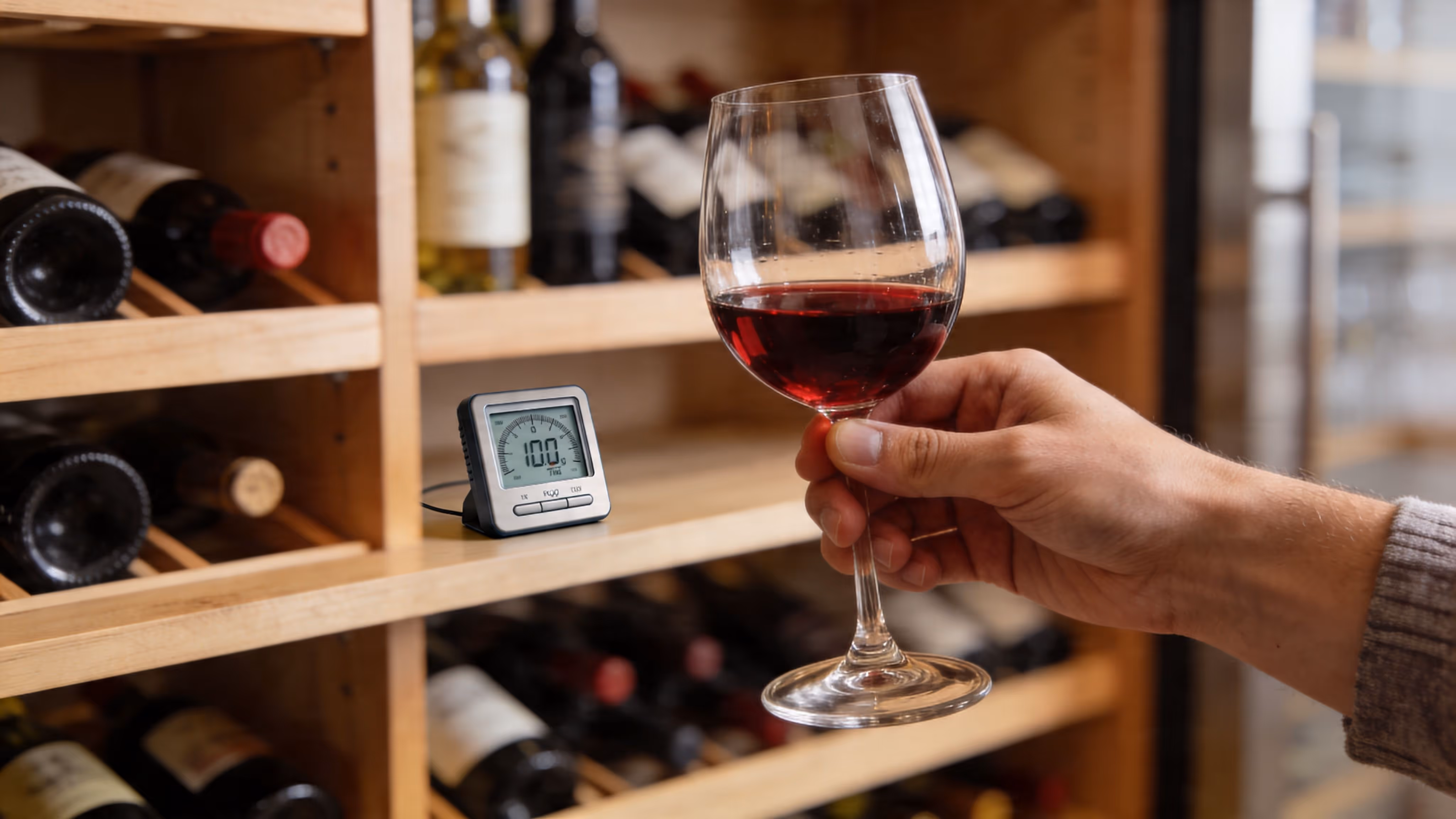 A person holding a glass of red wine in front of a wine cellar with a digital hygrometer.